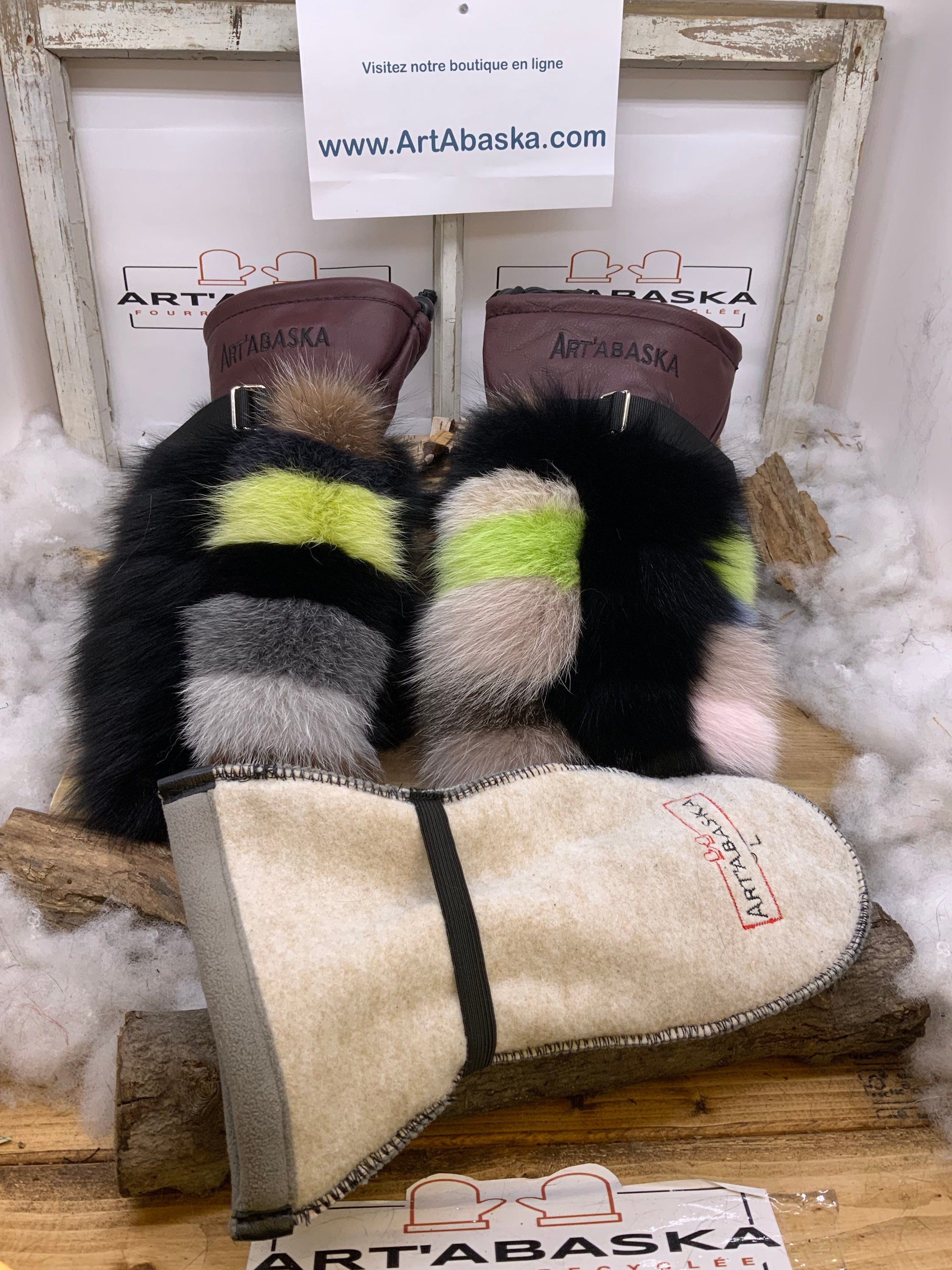 Mitaines Thérèse Large – Édition Patchwork de Luxe renard et lapin recyclés avec cuir bourgogne – fait main Québec