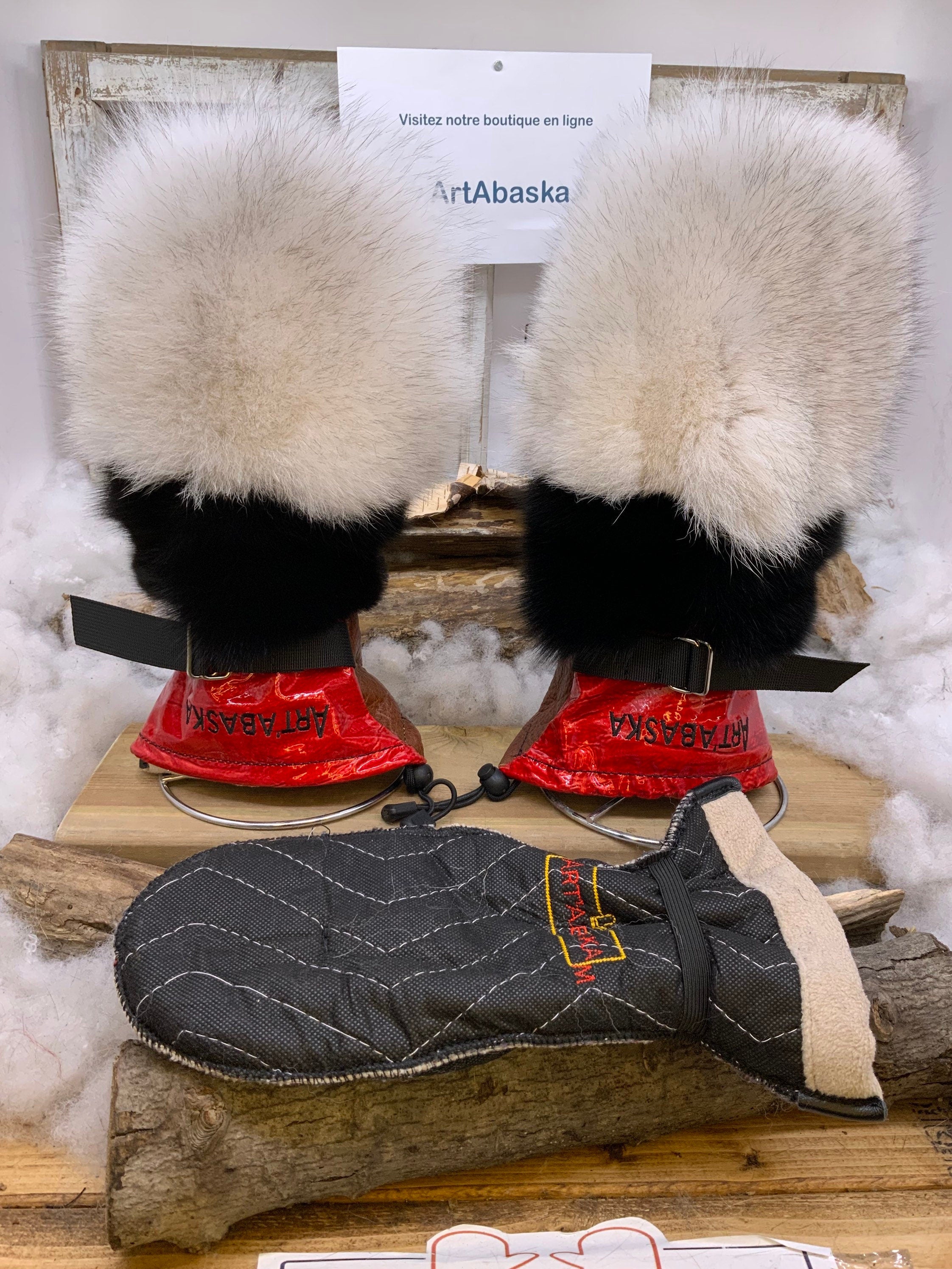 Mitaines Alice Medium - Édition spéciale patchwork, fourrures recyclées renard et vison noir, cuir noir brun rouge, fait à la main Québec