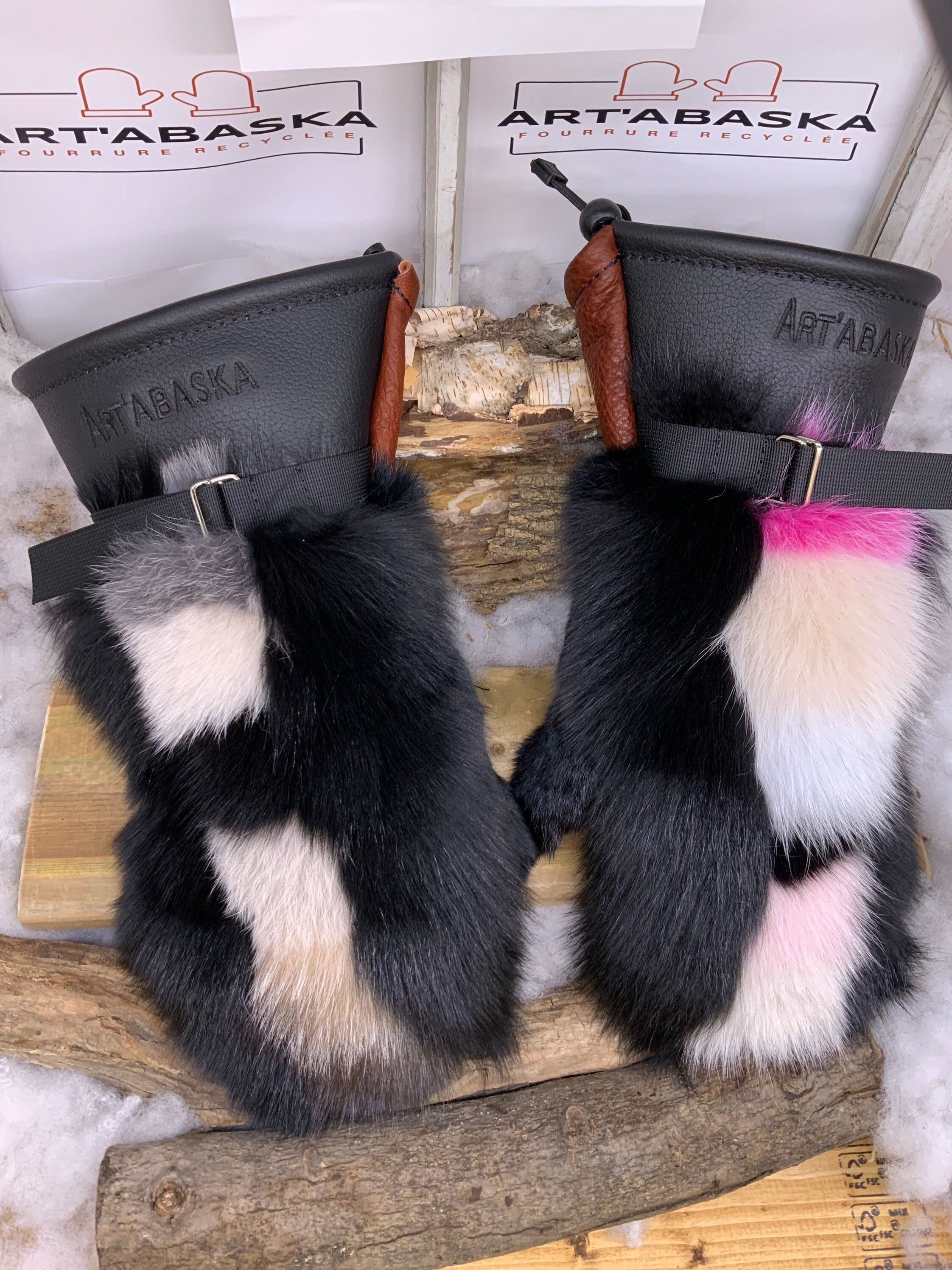 Mitaines Patricia X Large – Patchwork de renard recyclé cousu une à une cuir brun rouille et noir intérieur amovible Québec