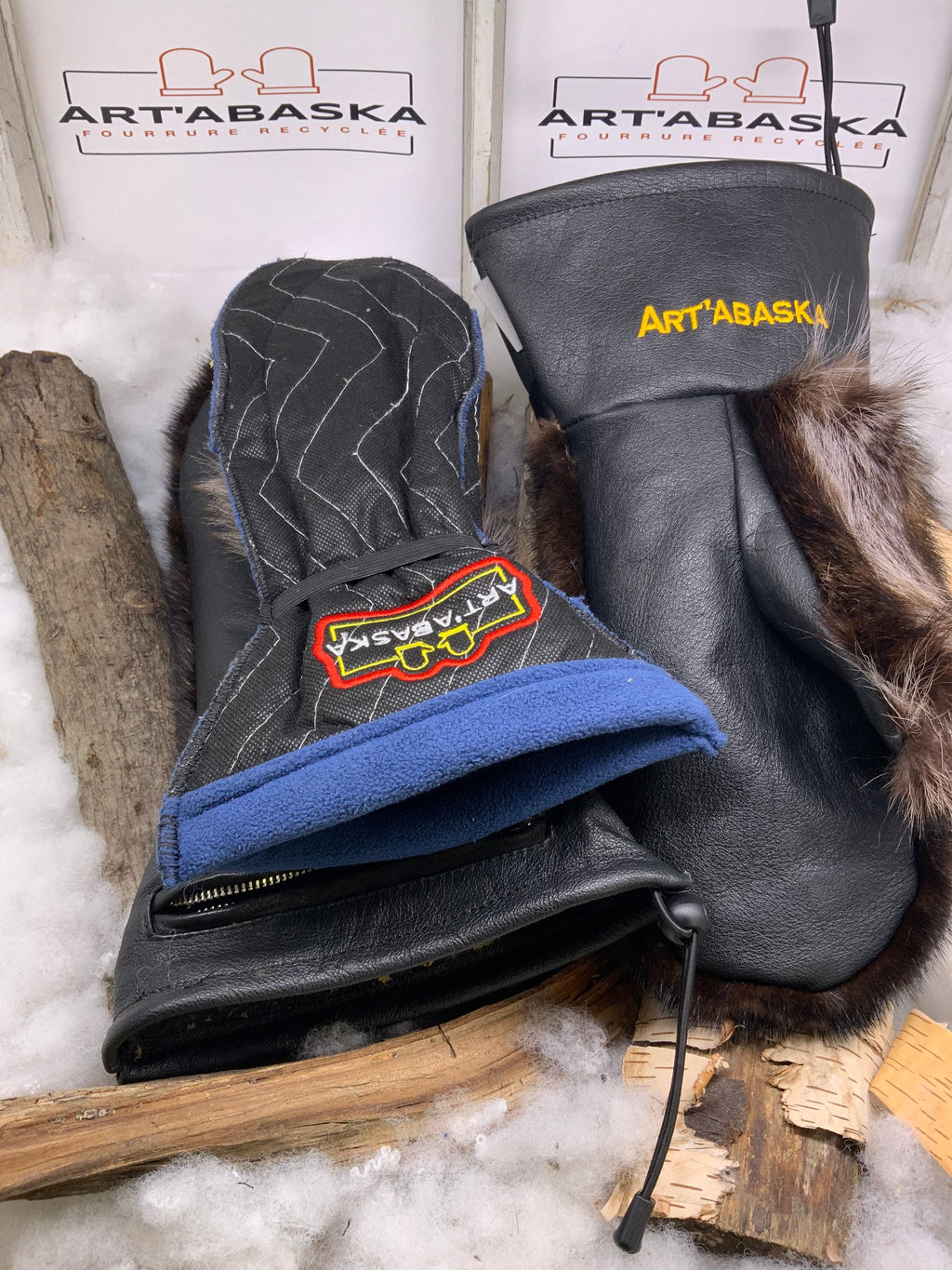 Mitaines Carole XL Harley Davidson cuir recycle vison brun raton laveur poche fonctionnelle fait a la main Quebec