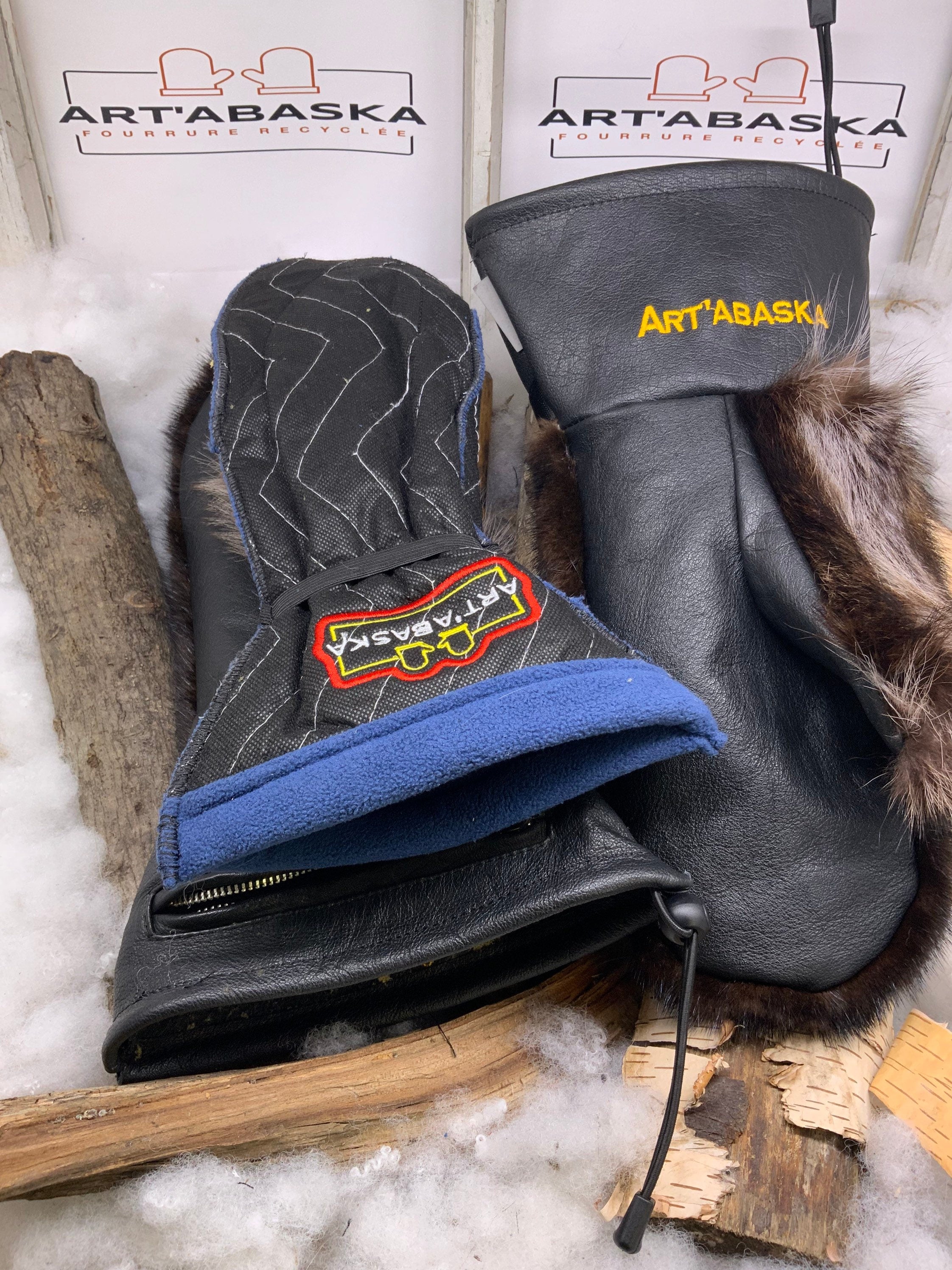 Mitaines Carole XL Harley Davidson cuir recycle vison brun raton laveur poche fonctionnelle fait a la main Quebec