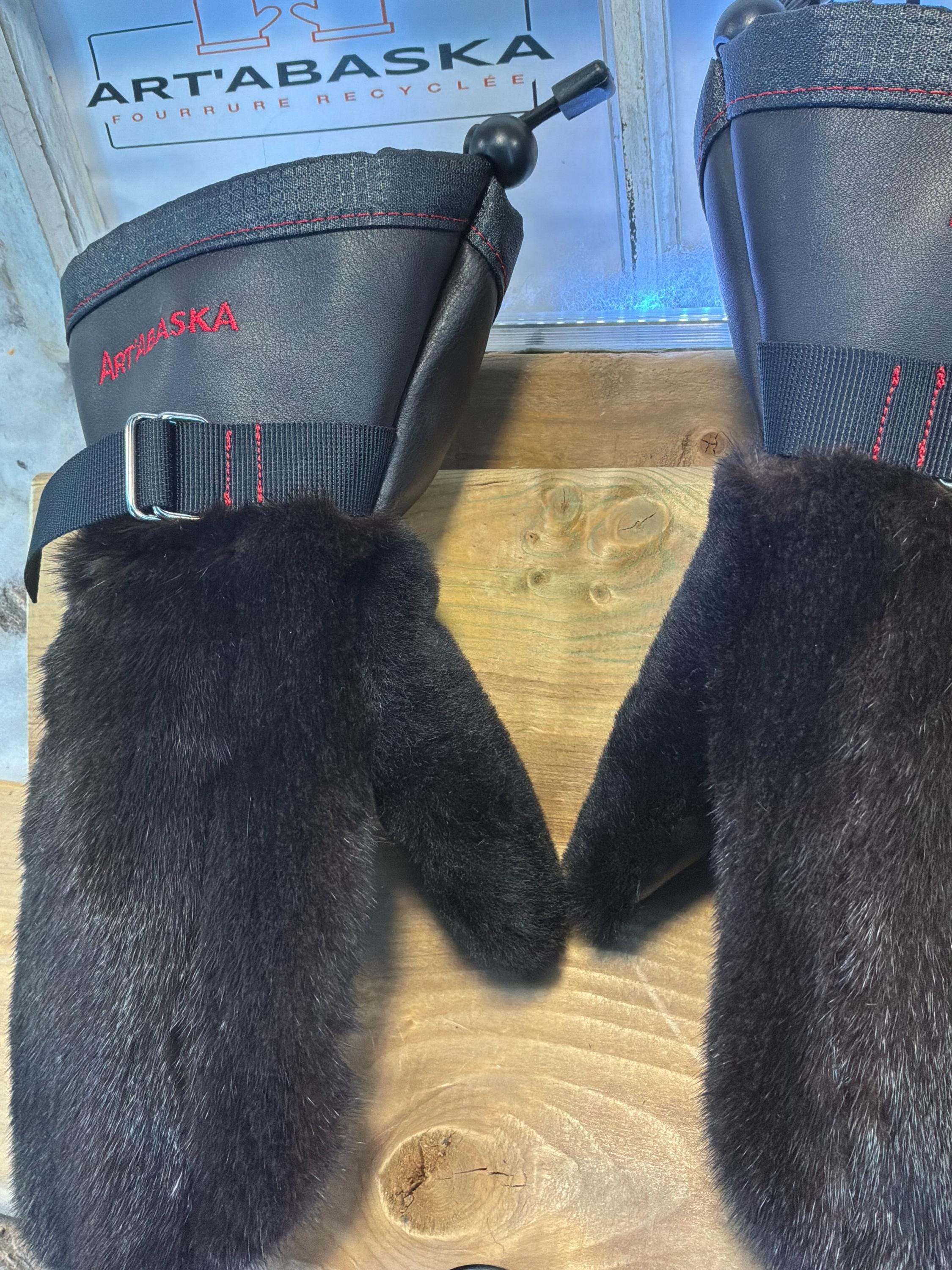 Mitaines Alice Small vison recycle brun mouton rase cuir italien noir faites a la main Quebec modèle classique intemporel