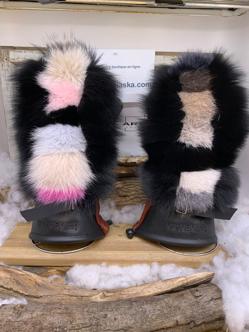Mitaines Patricia X Large – Patchwork de renard recyclé cousu une à une cuir brun rouille et noir intérieur amovible Québec
