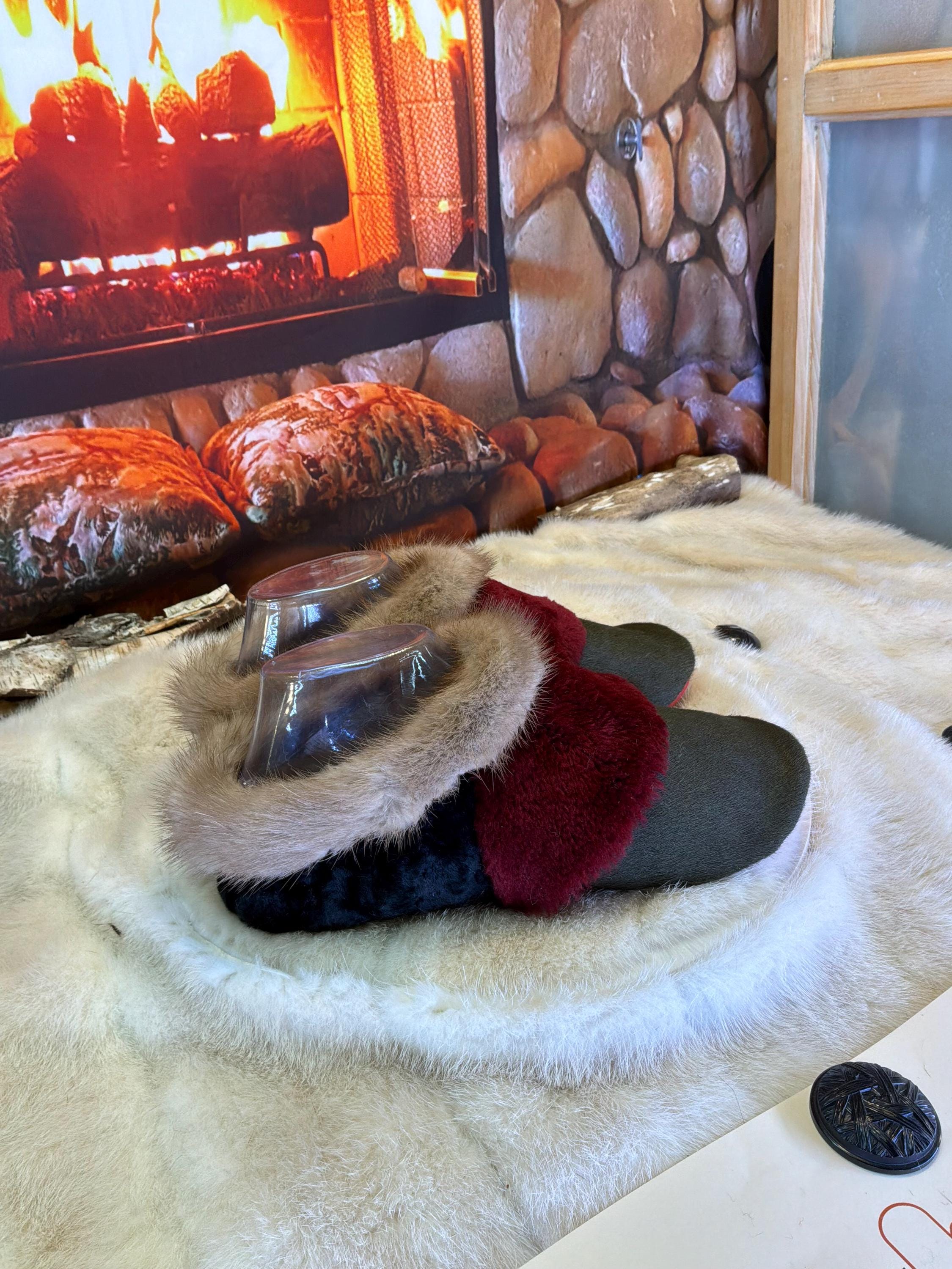 Slipper Eugénie pointure 7 femme – Sherling italien & cuir recyclé, pièce unique faite à la main au Québec