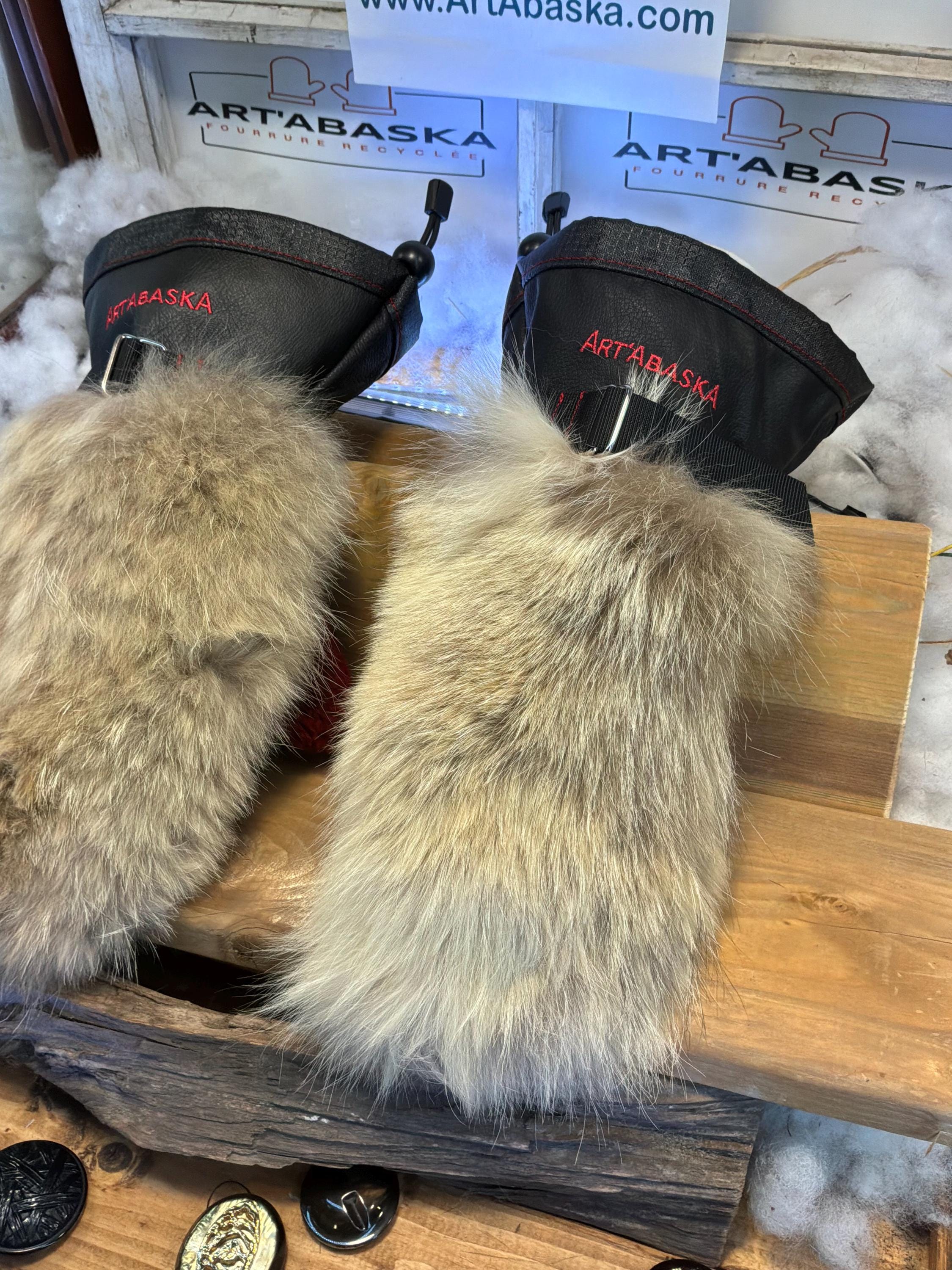 Mitaines Solange Small coyote recyclé manteau vintage avec pouce mouton rasé rouge vin et cuir italien noir, pièce  faite à la main Québec