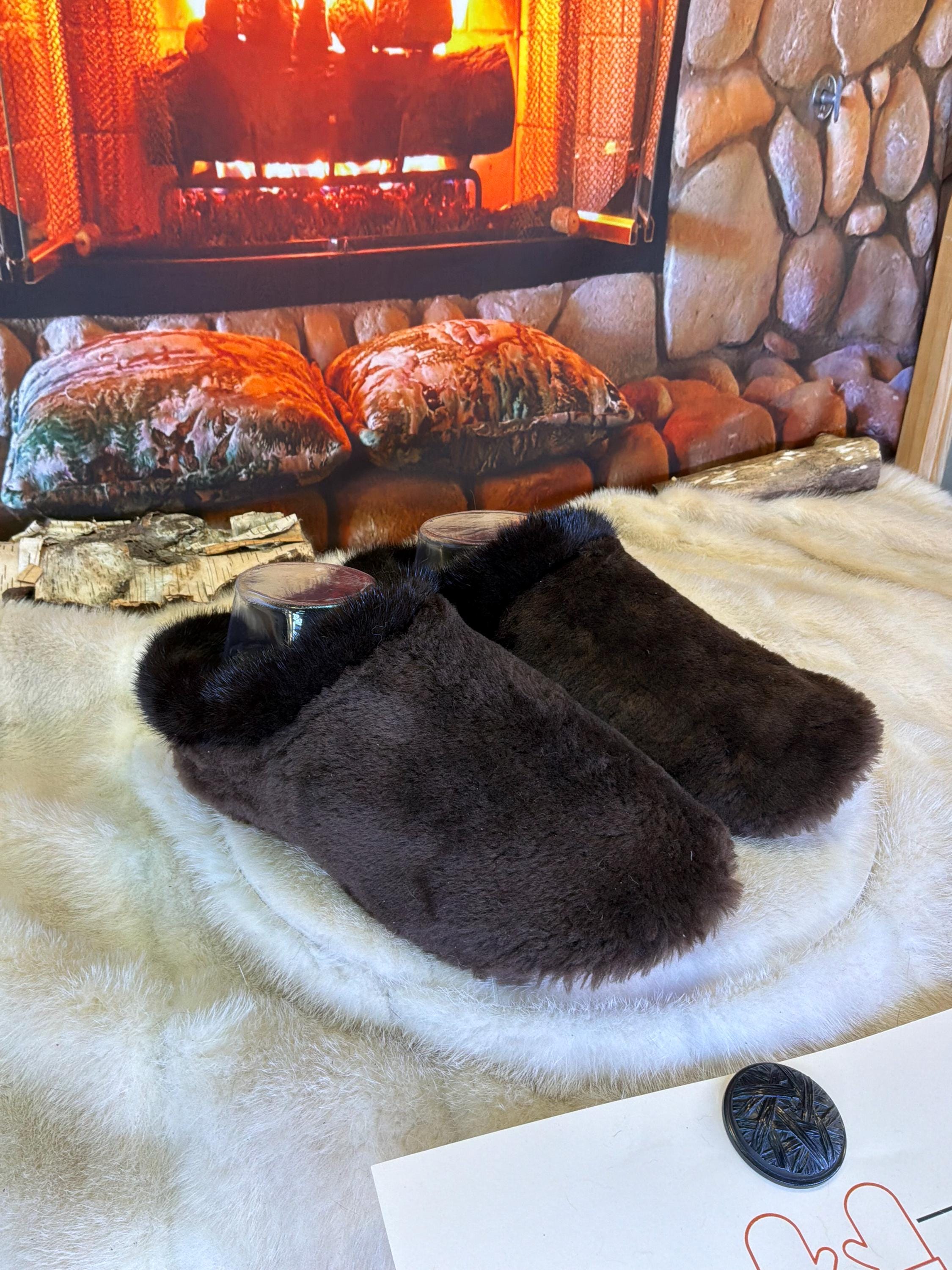 Slipper Simone pointure 8 femme – Sherling italien & cuir recyclé, pièce unique faite à la main au Québec