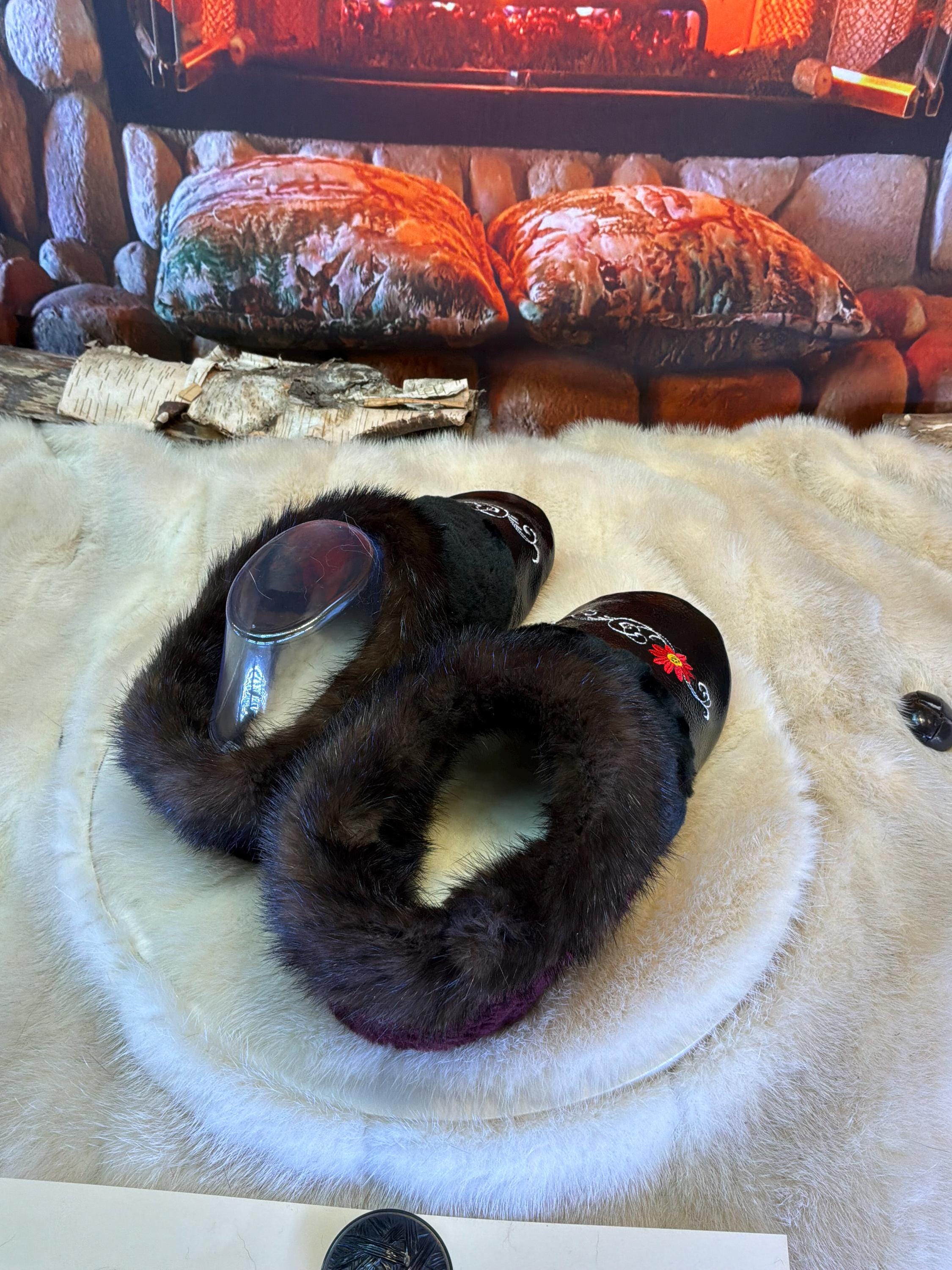 Slipper Annette pointure 7 femme – Sherling italien & cuir recyclé, pièce unique faite à la main au Québec
