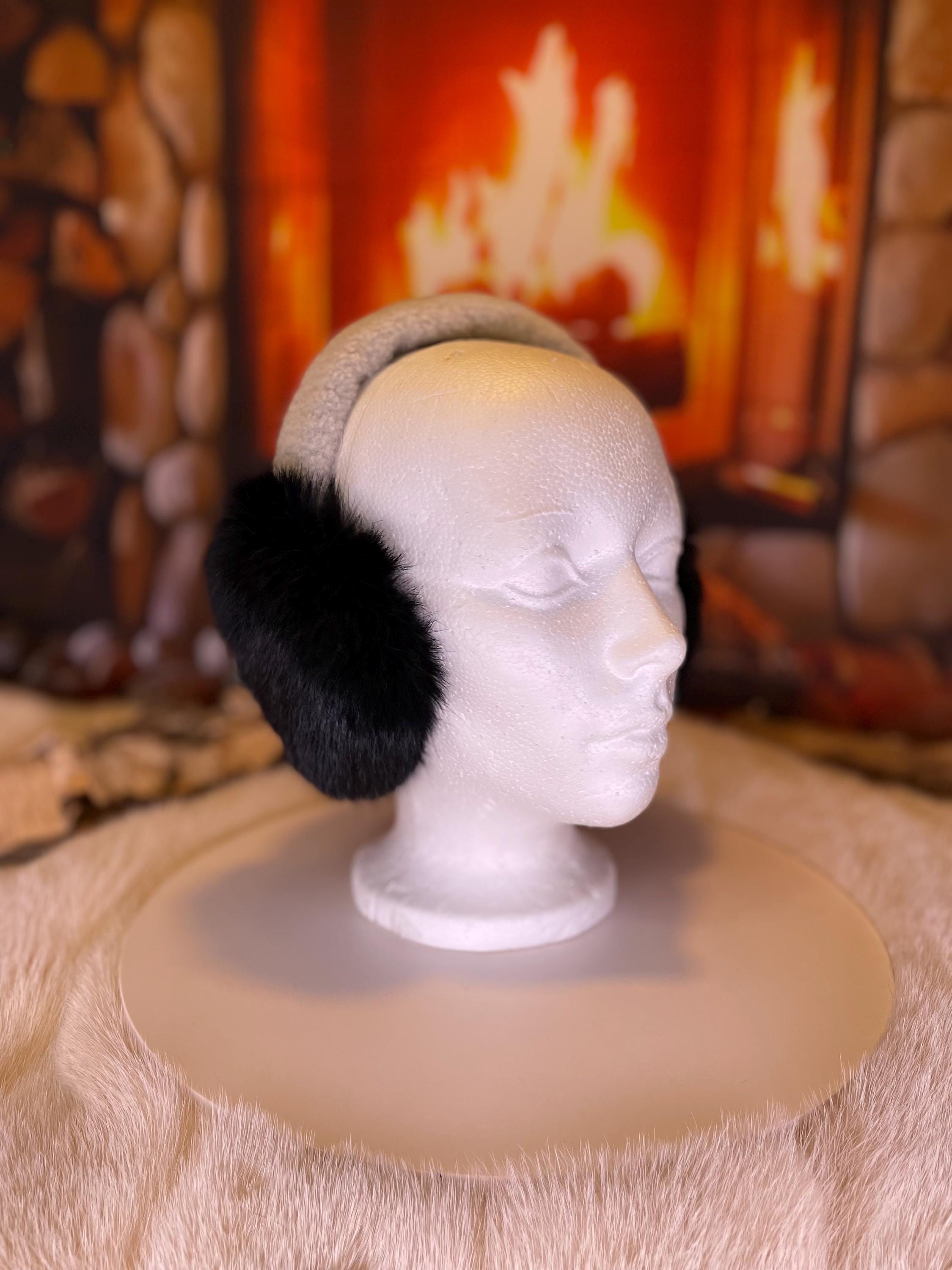 Cache-Oreilles tout en fourrure recyclée édition Lapin noir naturel recyclé et mouton rasé dessus la tête Les Lynda