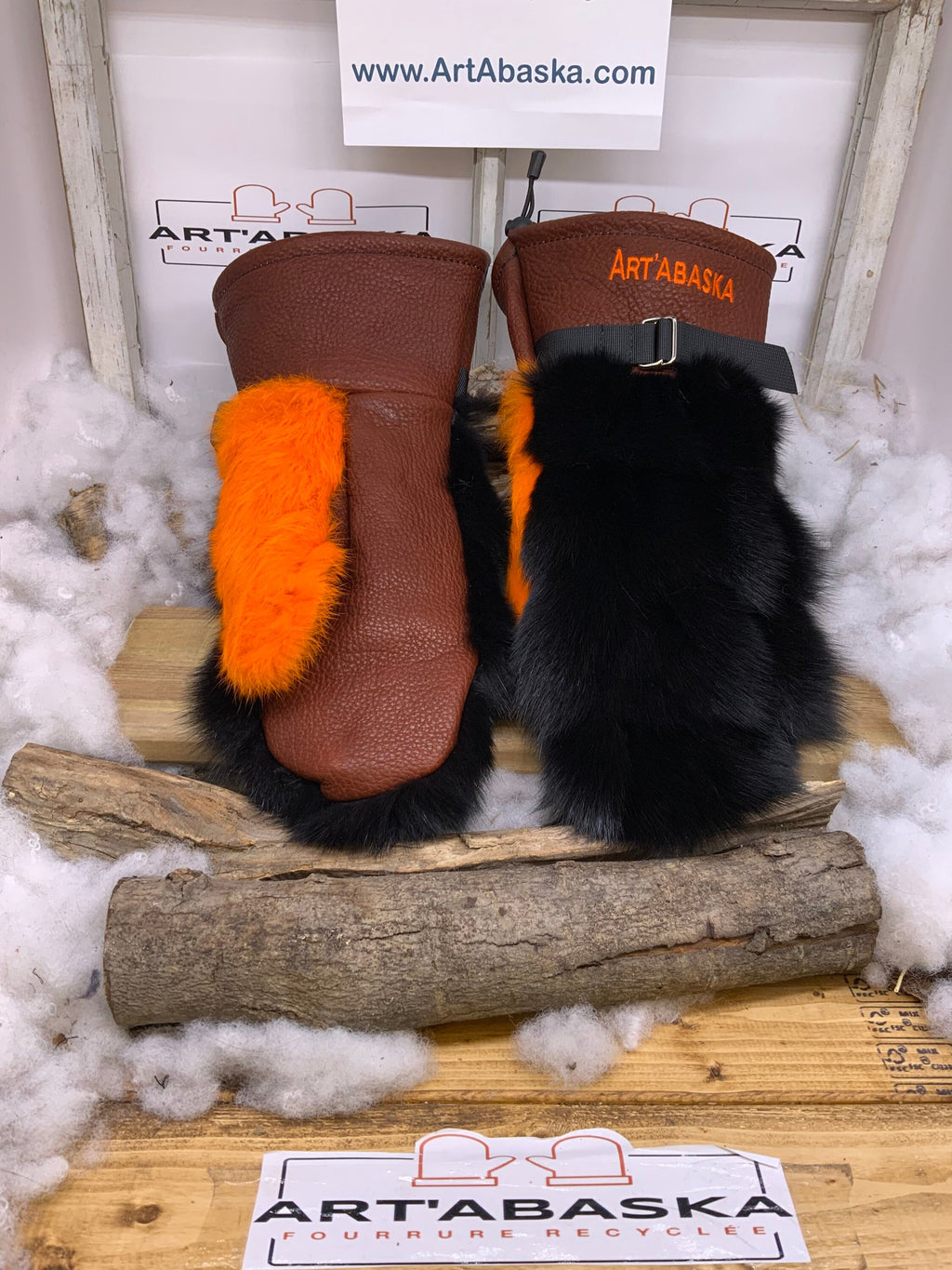 Mitaines Veronique X Large patchwork renard recycle noir lapin orange cuir bourgogne artisanal Quebec piece unique