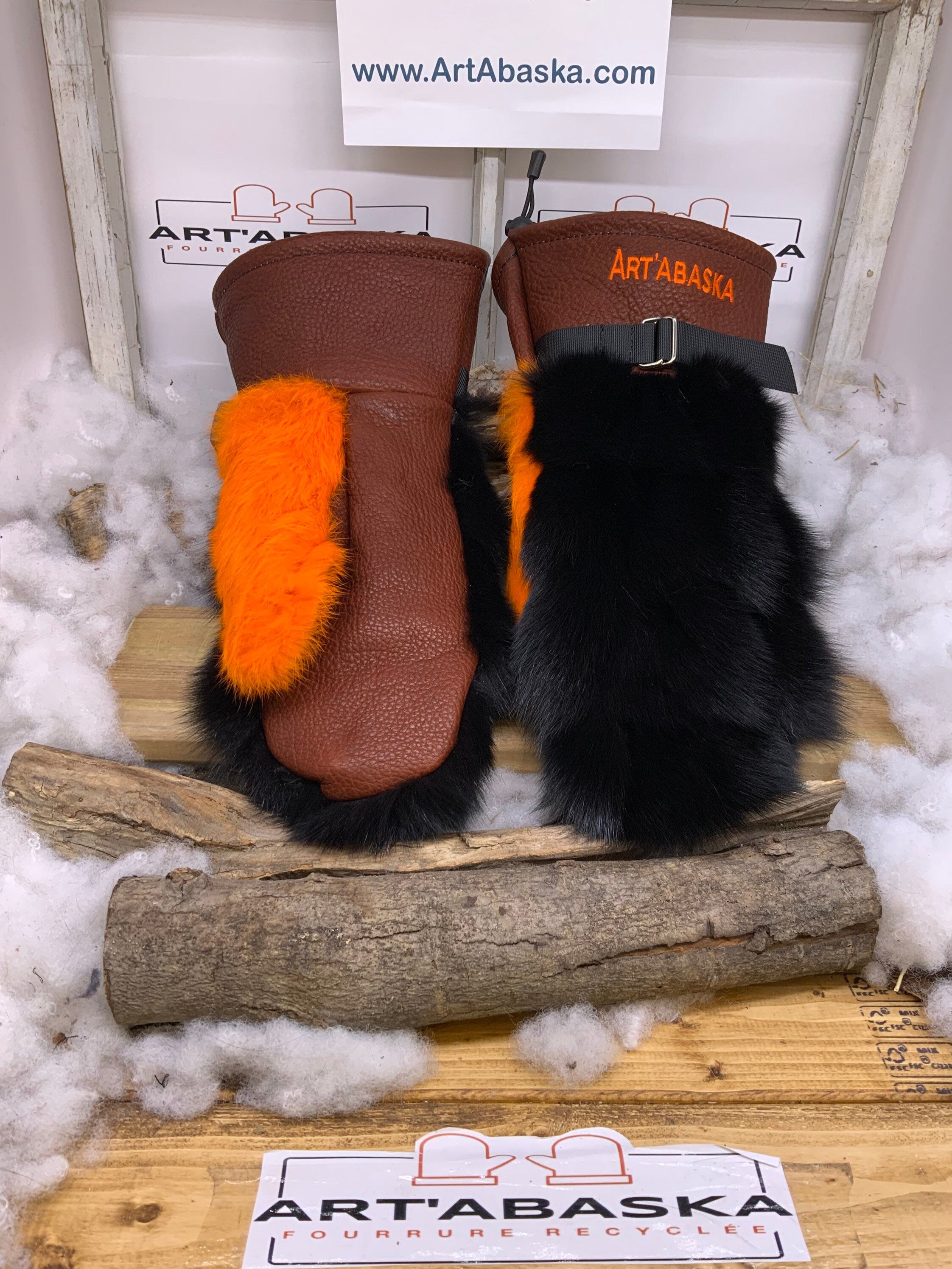 Mitaines Veronique X Large patchwork renard recycle noir lapin orange cuir bourgogne artisanal Quebec piece unique