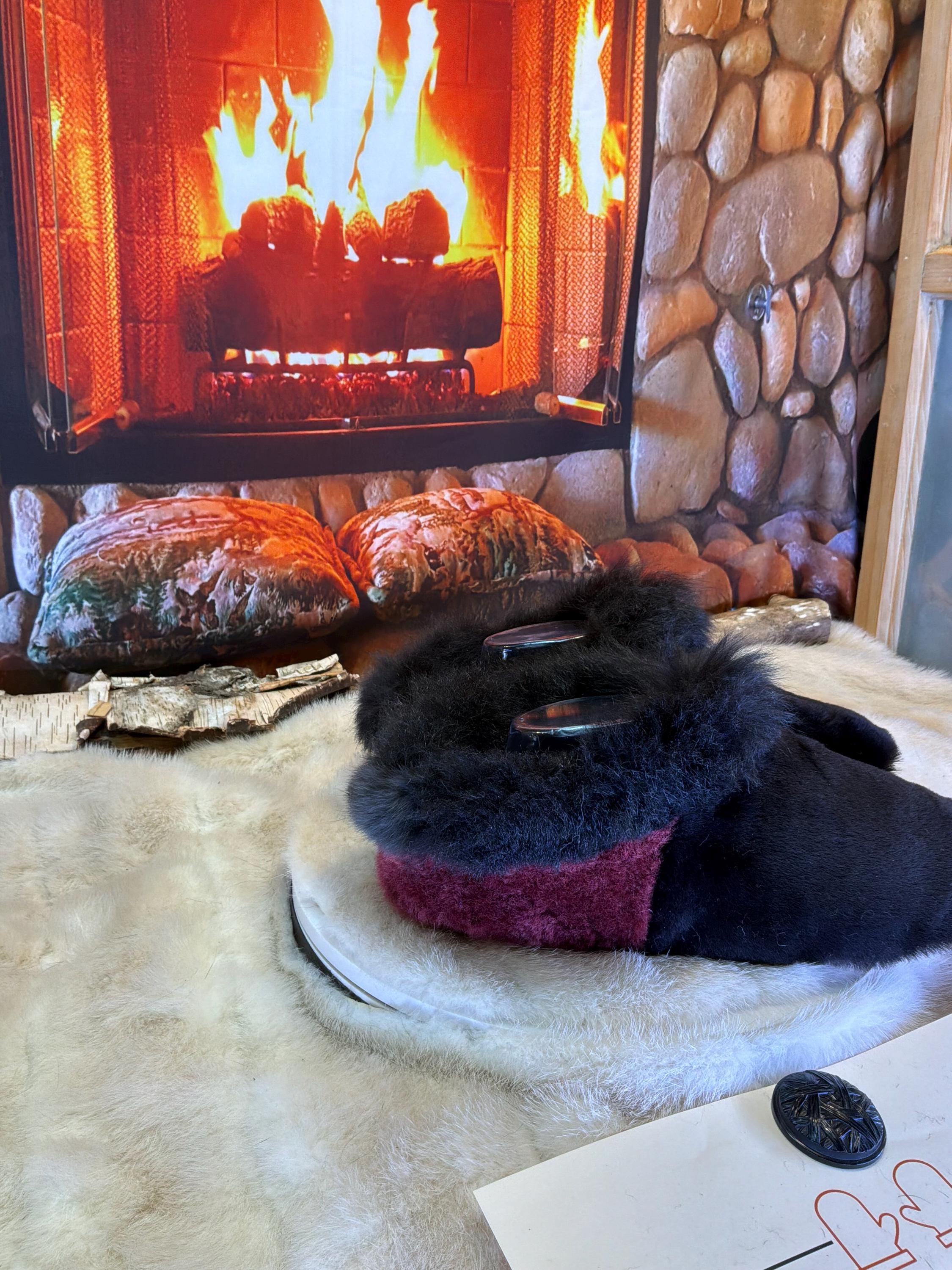 Slipper Lucette pointure 10 femme – Sherling italien & cuir recyclé, pièce unique faite à la main au Québec