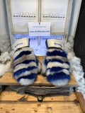 Mitaines Les Juliette – Large, patchwork renard norvégien recyclé bleu - blanc, cuir italien et broderie ArtAbaska, fait à la main au Québec