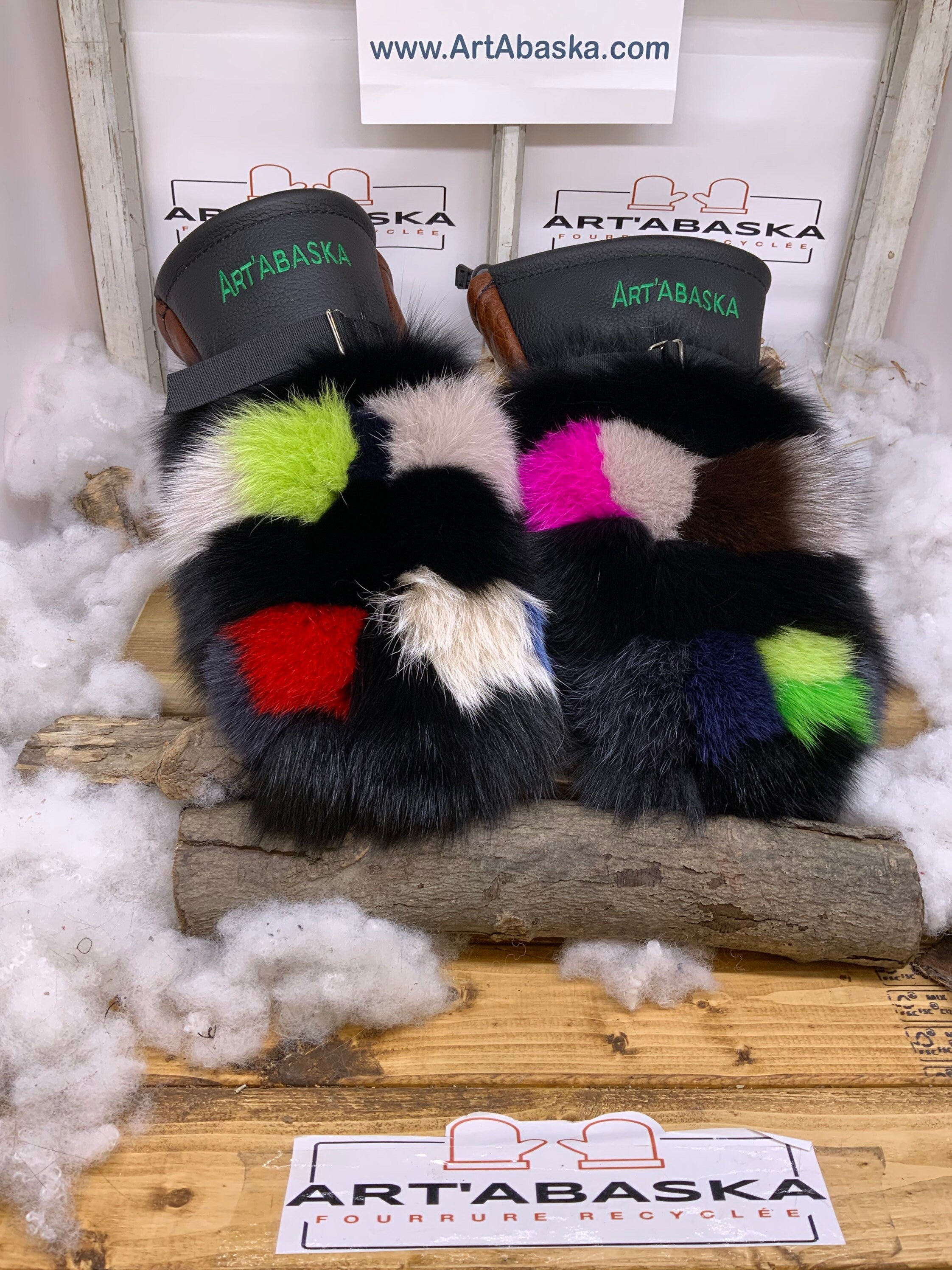 Mitaines Anette X Large – Patchwork renard recyclé, Renard coloré cuir brun-noir – Œuvre artisanale unique Québec