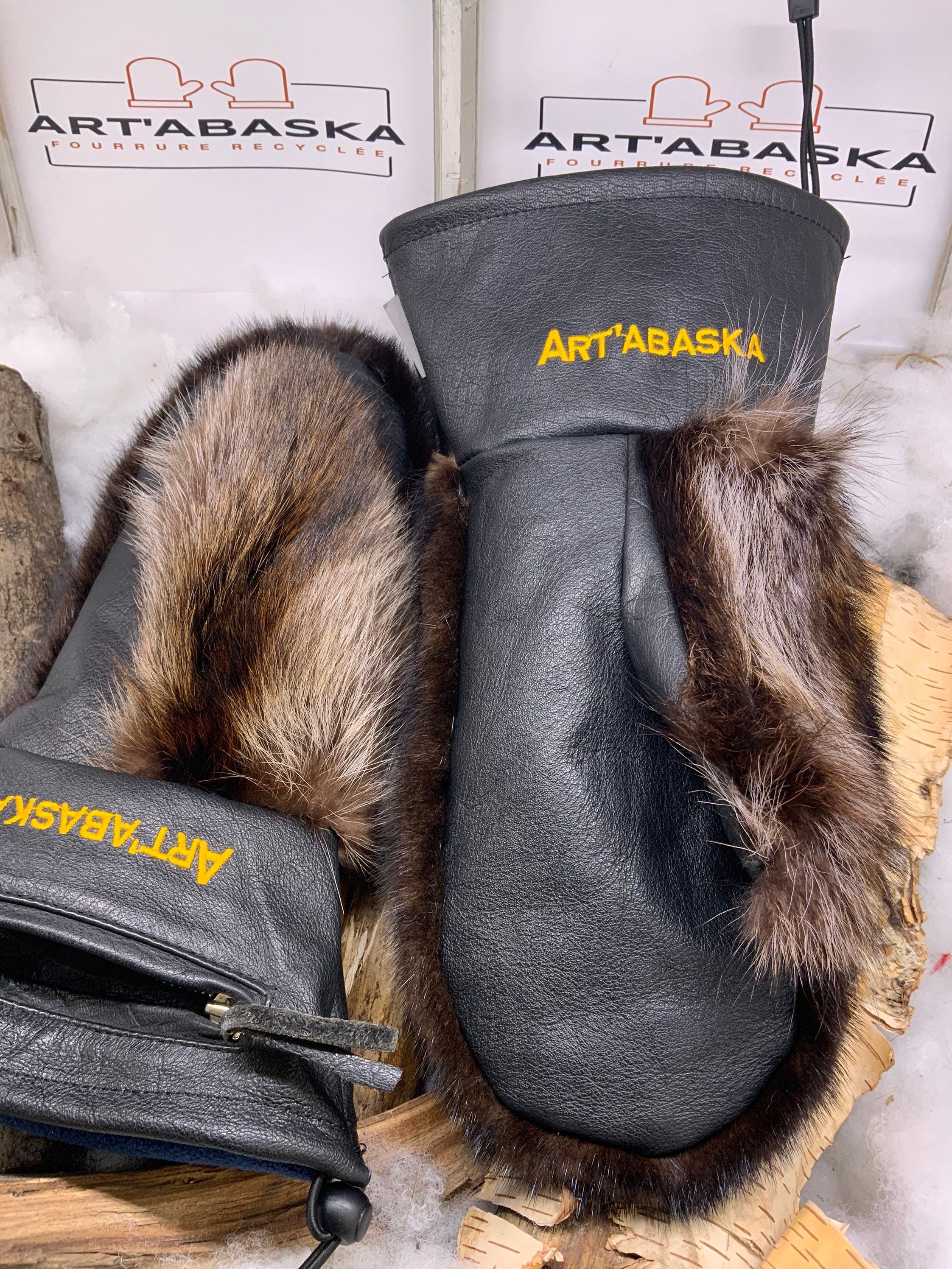 Mitaines Carole XL Harley Davidson cuir recycle vison brun raton laveur poche fonctionnelle fait a la main Quebec