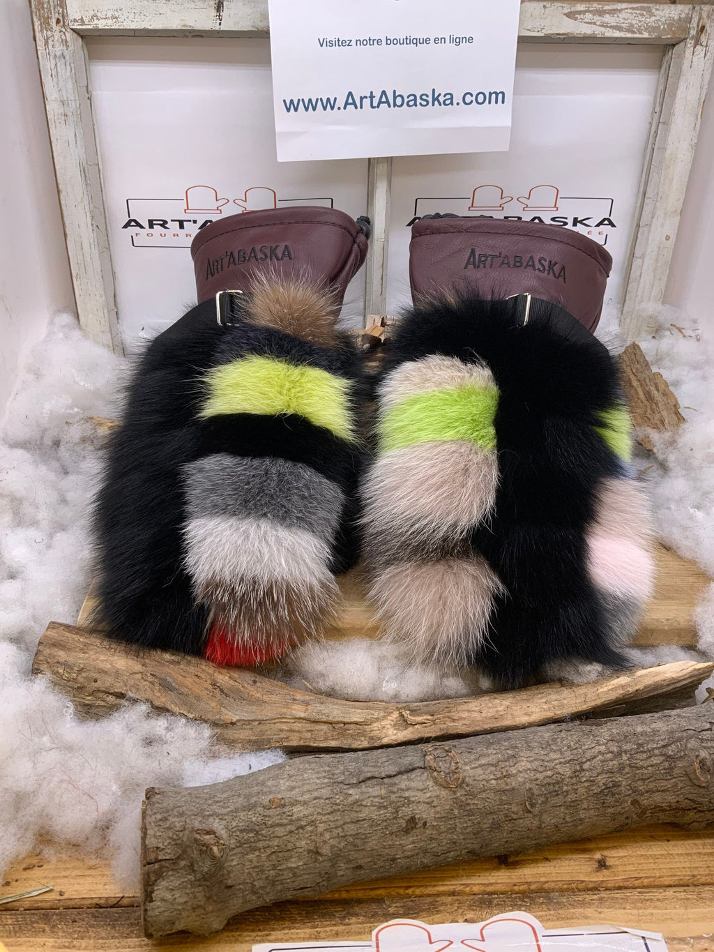 Mitaines Thérèse Large – Édition Patchwork de Luxe renard et lapin recyclés avec cuir bourgogne – fait main Québec