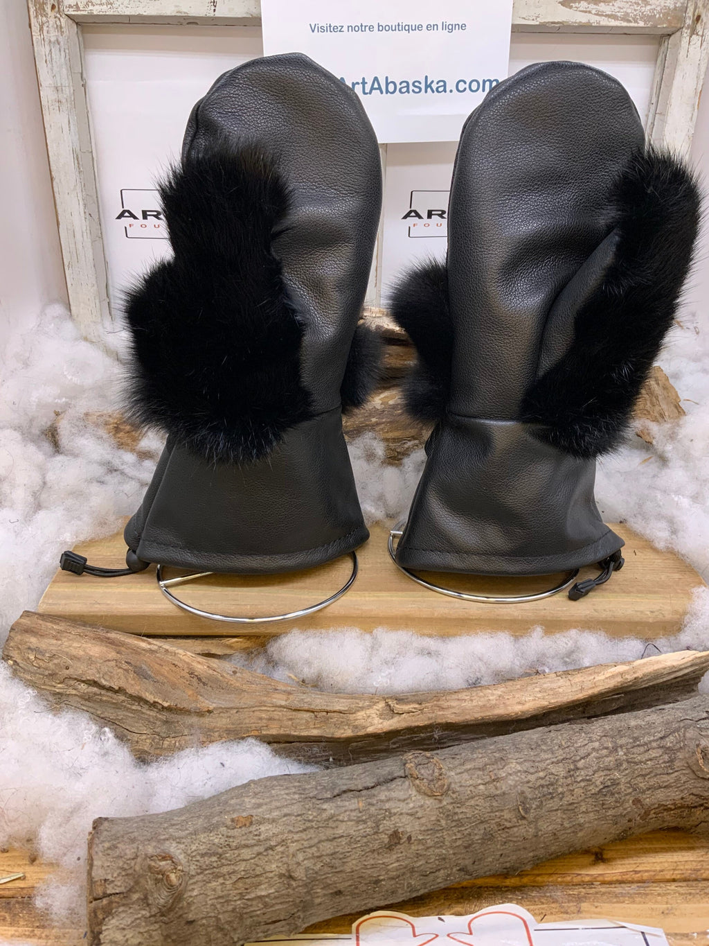 Mitaines Augustine Large – Édition Bruins de Boston cuir noir recyclé avec fourrure renard et lapin – fait main Québec