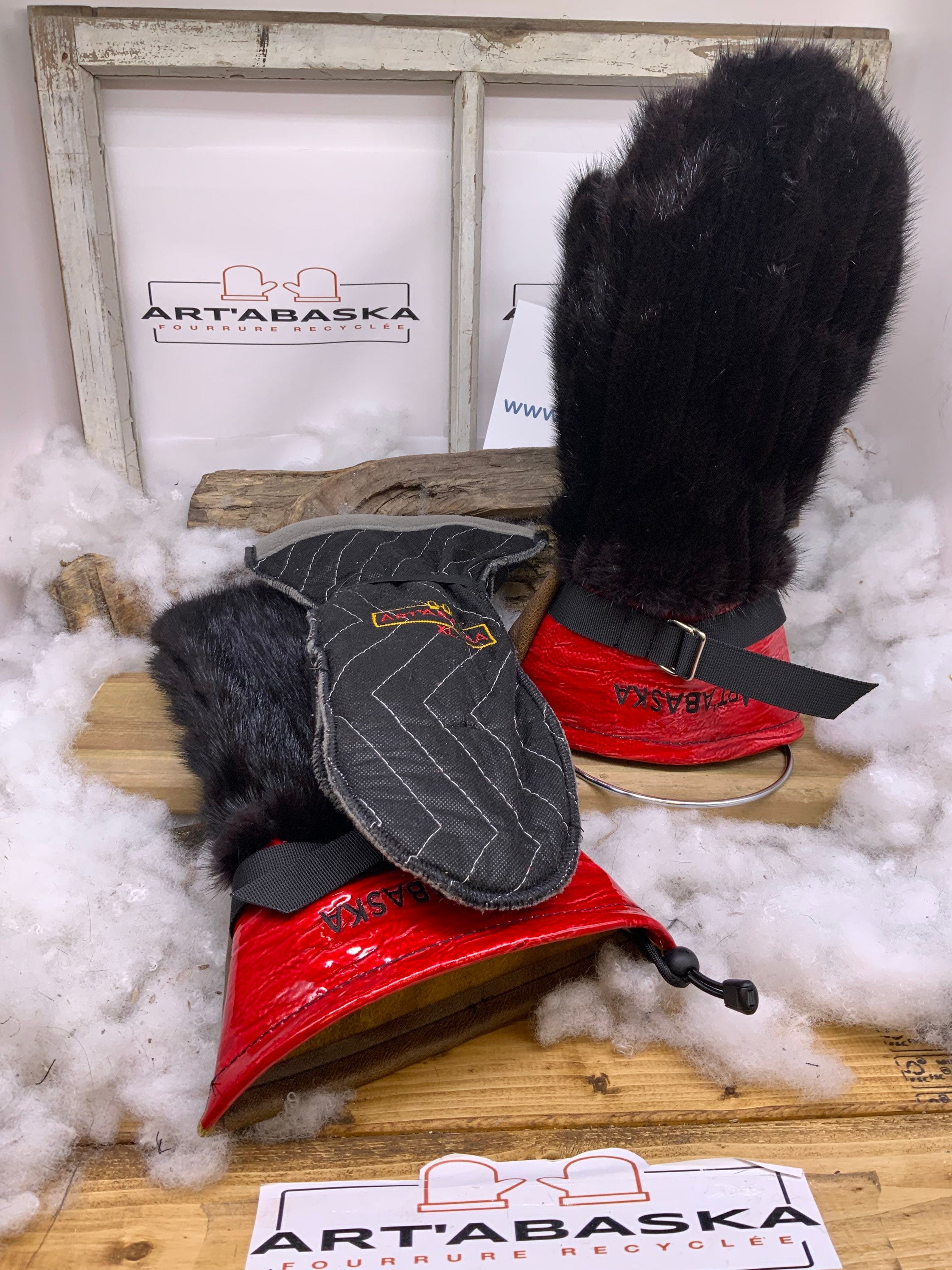 Mitaines XL Mauricette – Vison brun & cuir recyclé rouge antique, intérieur amovible feutre polar, fait à la main, Québec