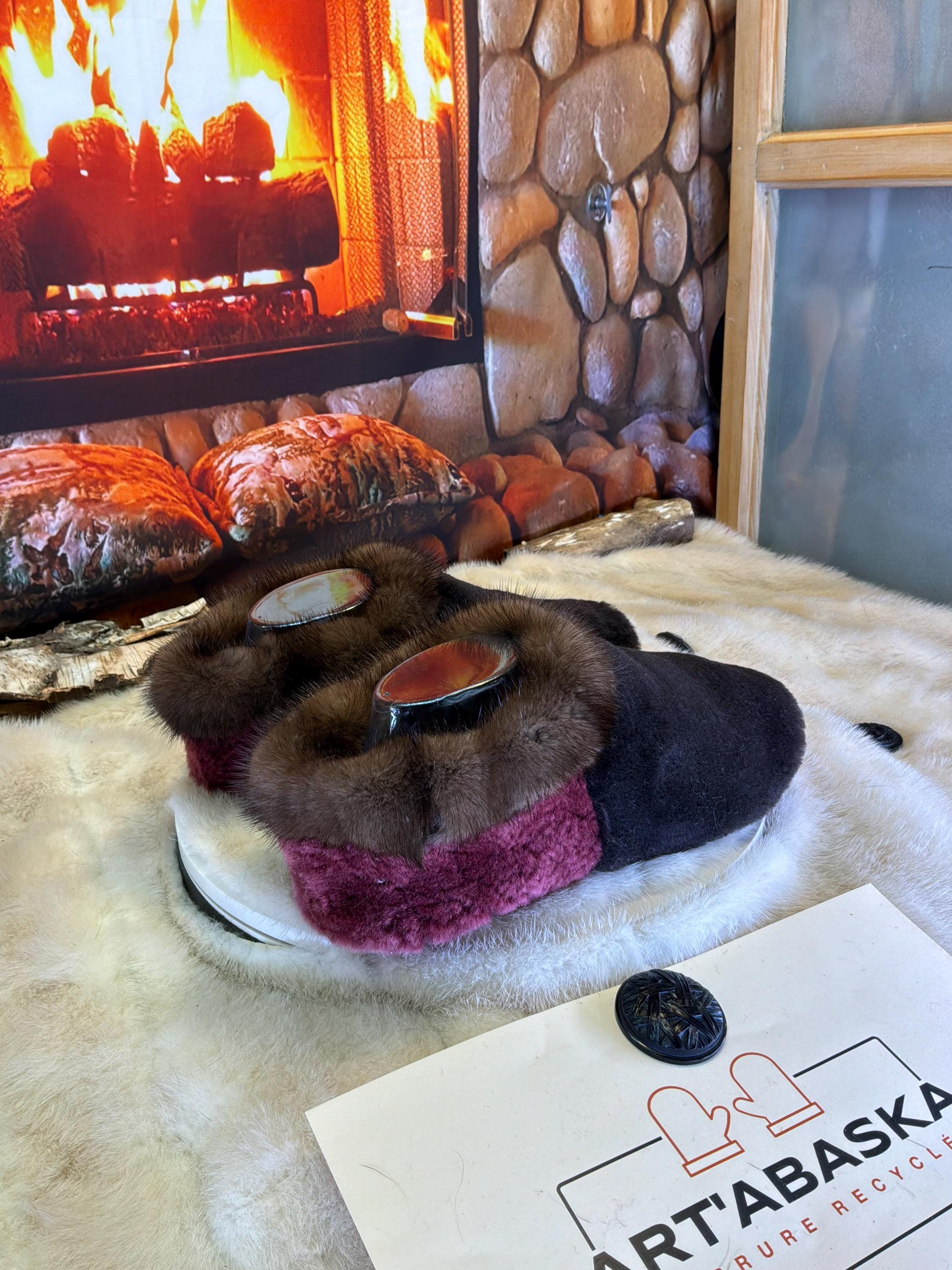 Slipper Véronique pointure 8 femme – Sherling italien & cuir recyclé, pièce unique faite à la main au Québec