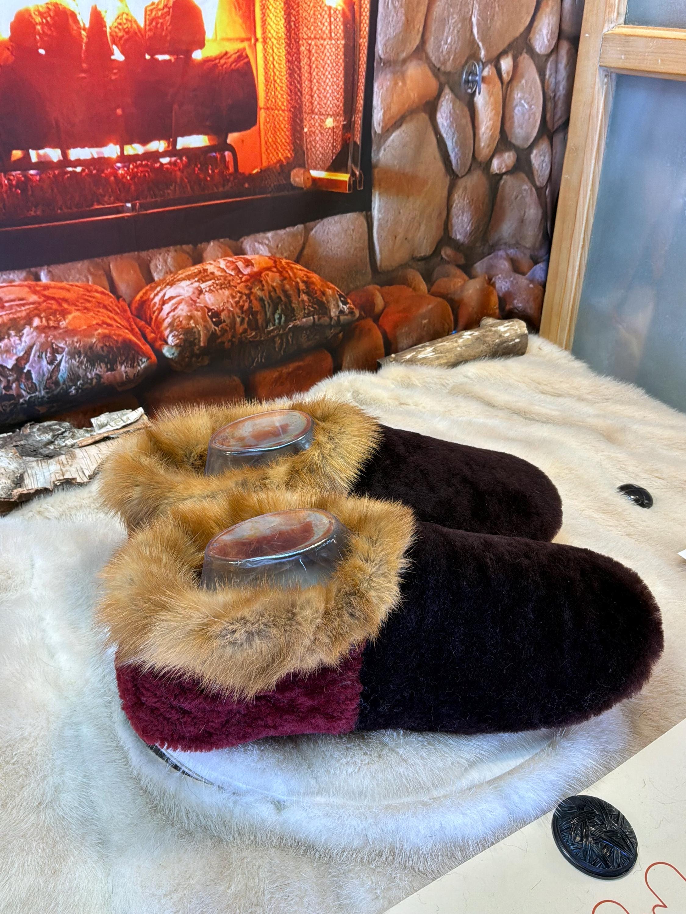 Slipper Thérèse pointure 10 Homme – Sherling italien & cuir recyclé, pièce unique faite à la main au Québec