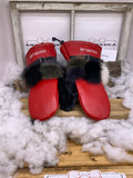 Mitaines Catherine Médium cuir rouge noir fourrure renard patchwork recyclée feutre polar chaud artisanal unique Québec
