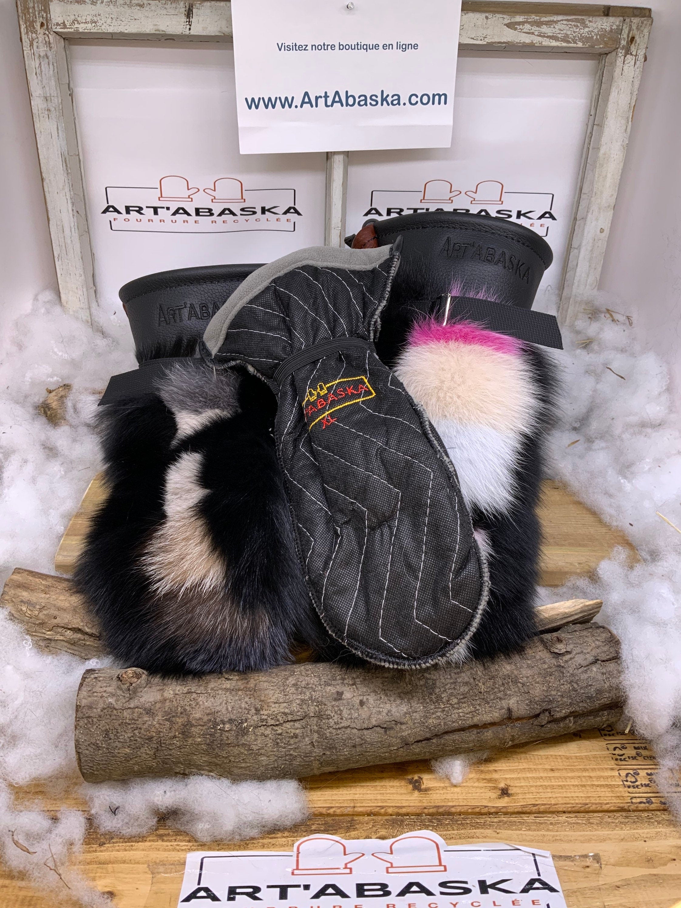 Mitaines Patricia X Large – Patchwork de renard recyclé cousu une à une cuir brun rouille et noir intérieur amovible Québec