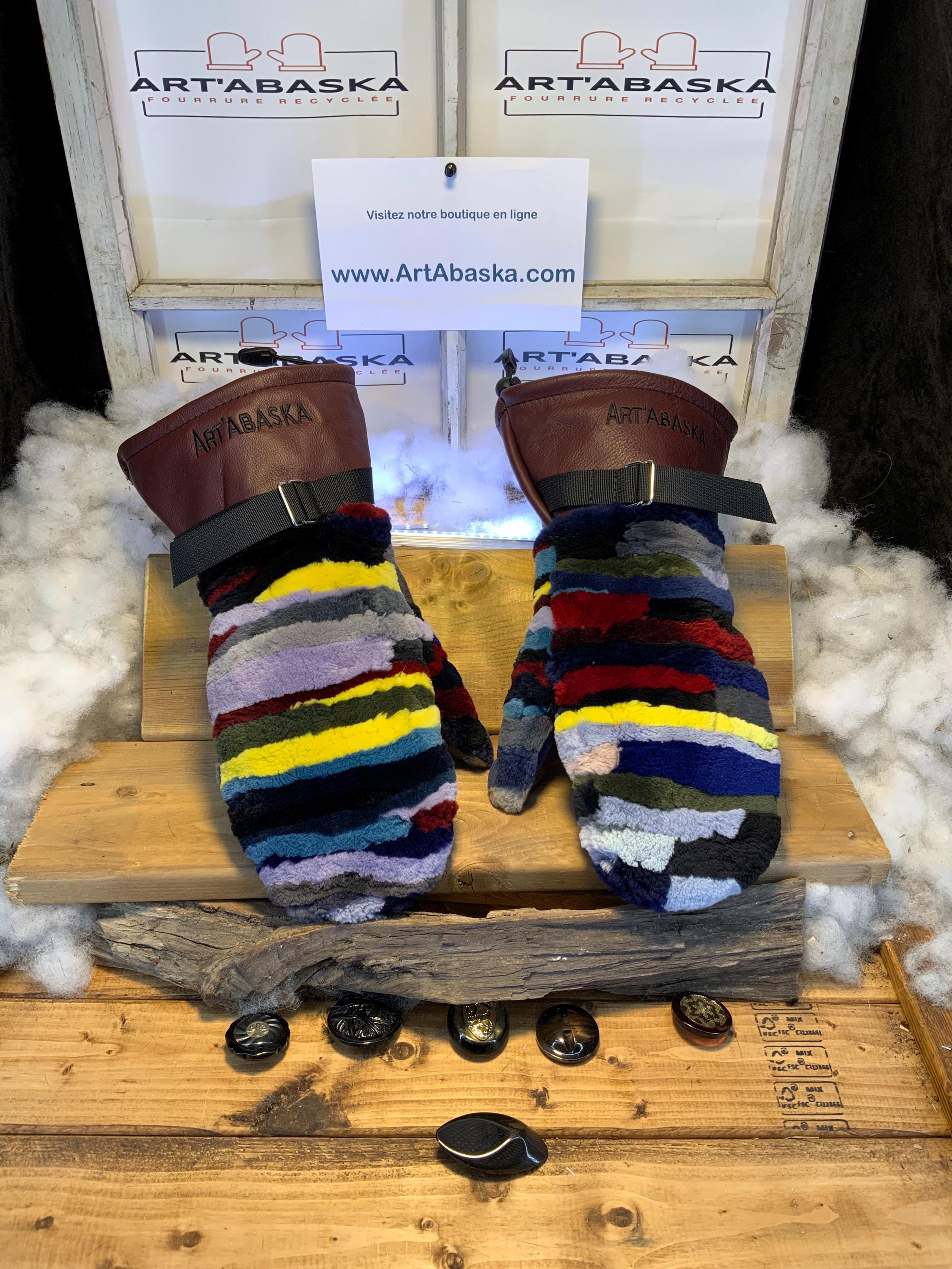 Mitaines Lynda X-Large patchwork renard recyclé multicolore cuir bourgogne italien fait à la main au Québec artisanal unique
