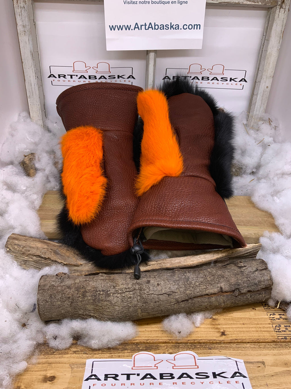 Mitaines Veronique X Large patchwork renard recycle noir lapin orange cuir bourgogne artisanal Quebec piece unique