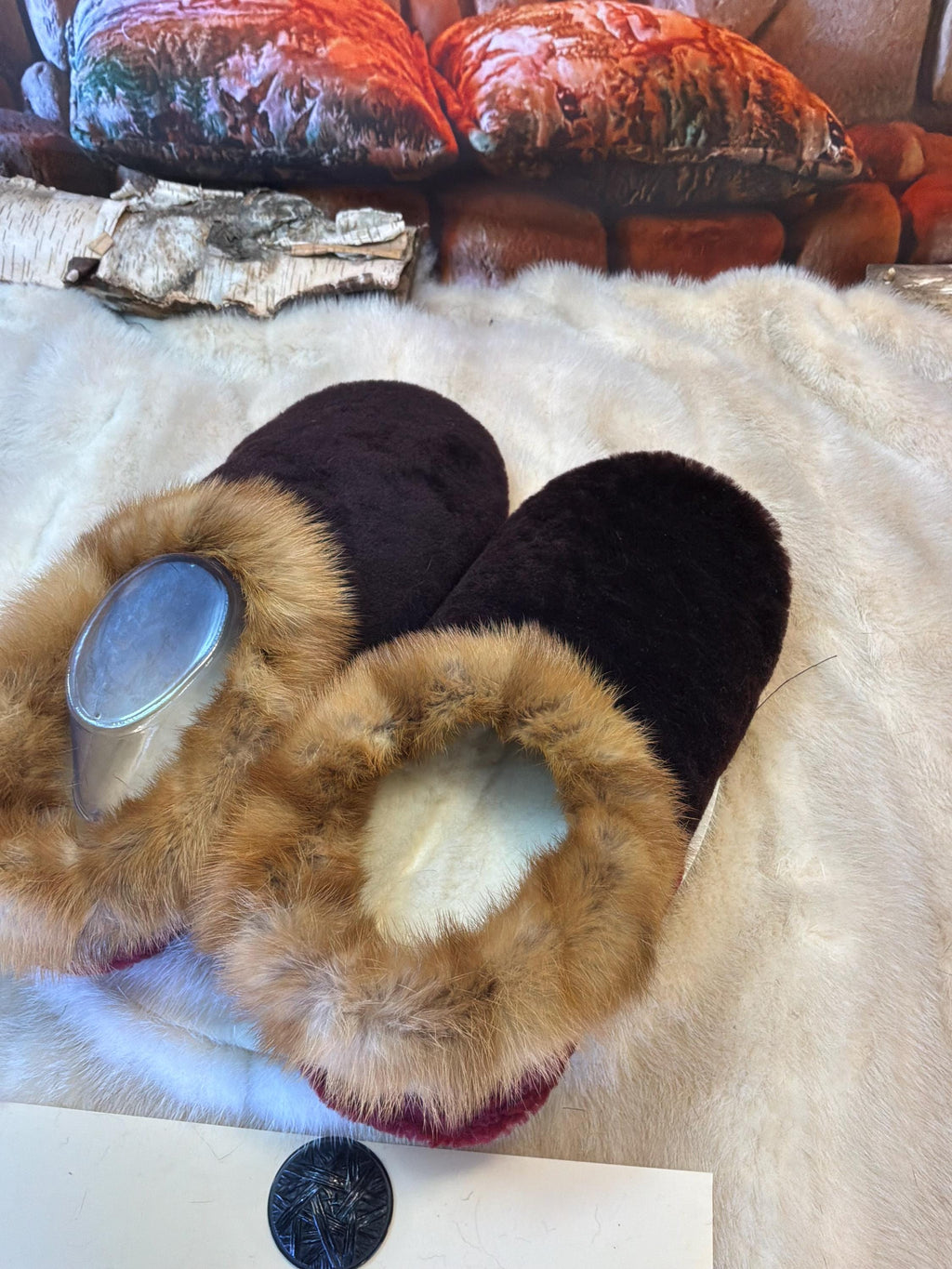 Slipper Thérèse pointure 10 Homme – Sherling italien & cuir recyclé, pièce unique faite à la main au Québec