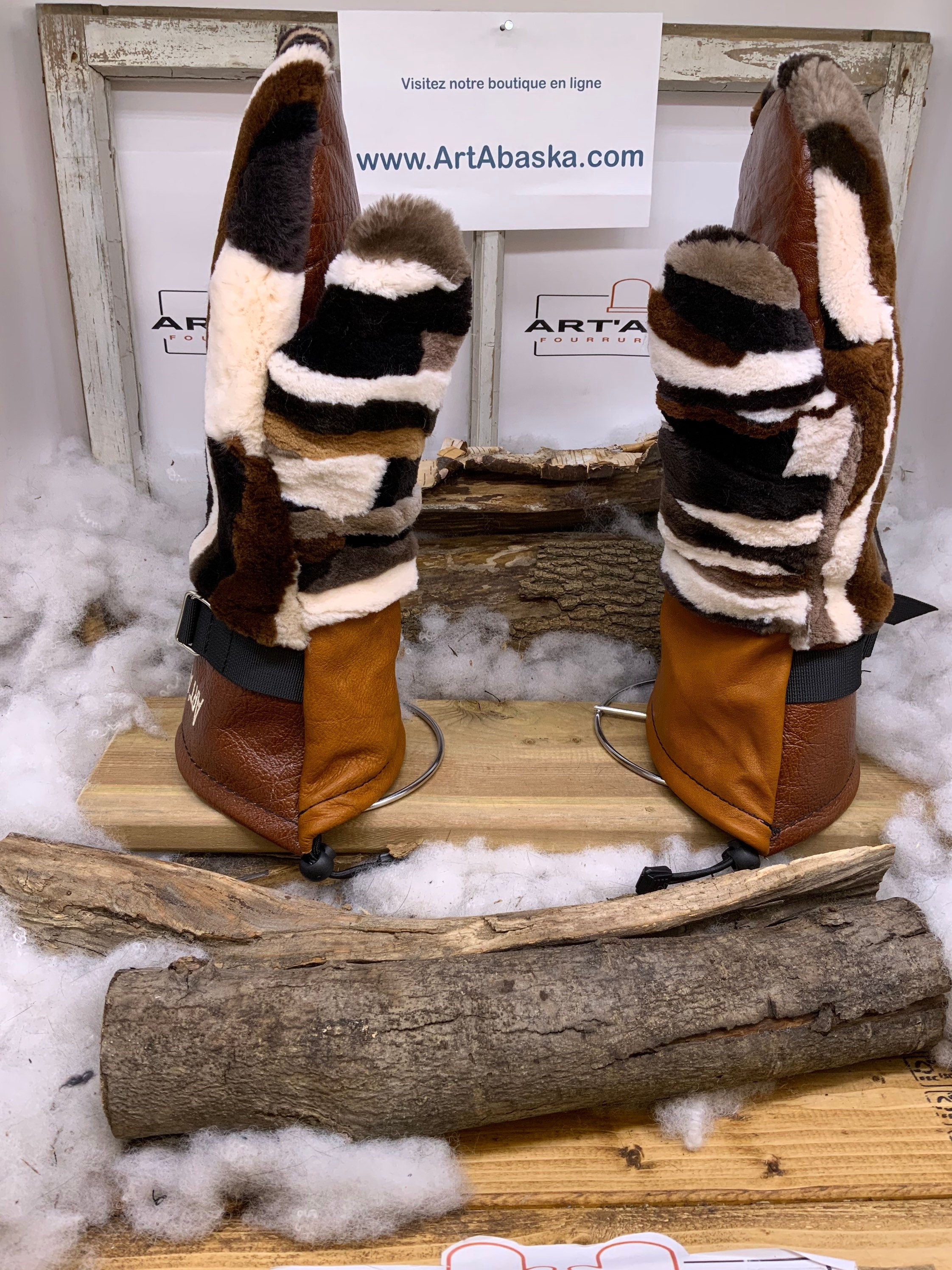 Mitaines Denise XL – Fourrure recyclée patchwork renard & cuir brun, fait à la main, pièce unique Québec