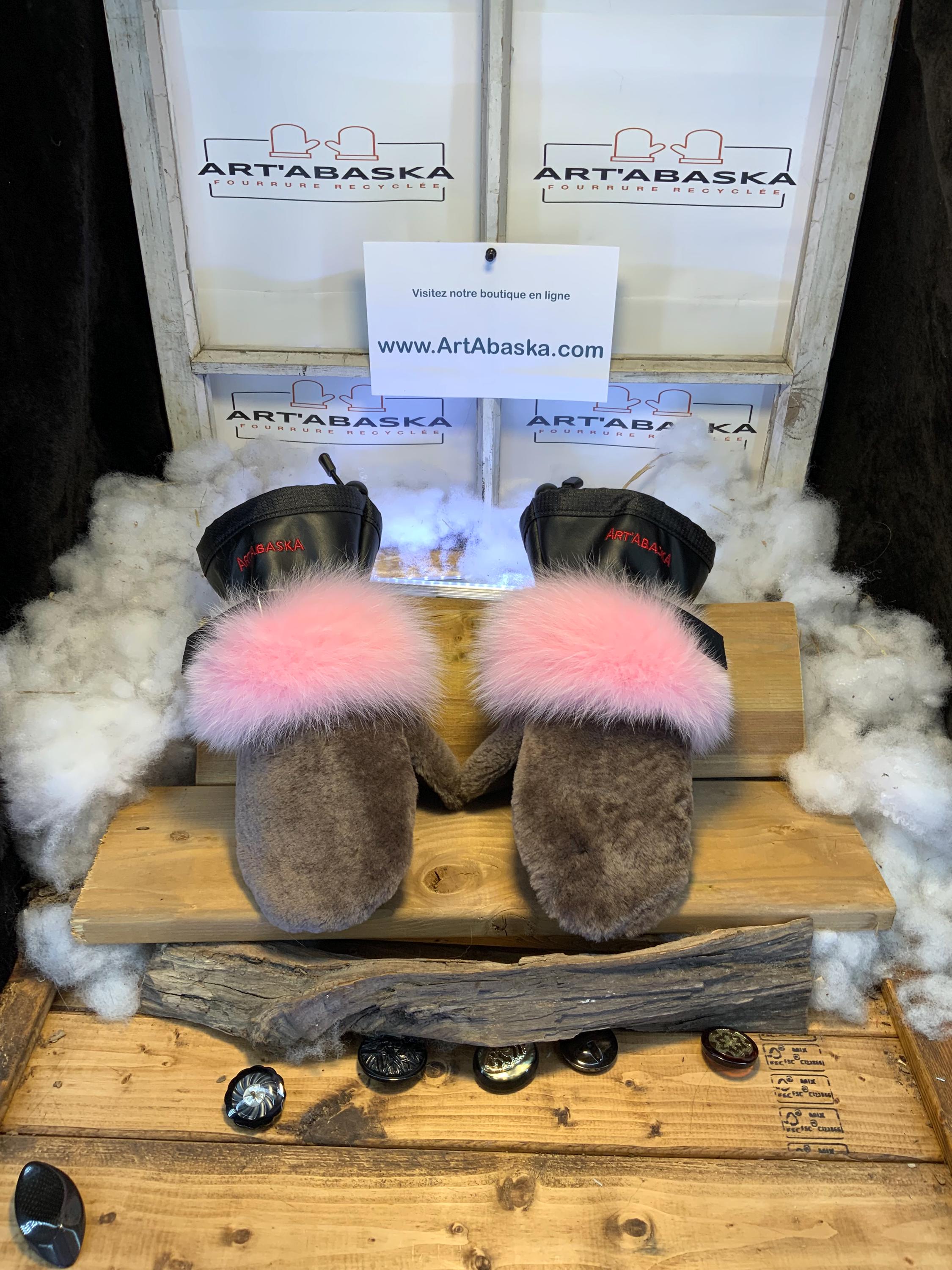 Mitaines Adrienne Medium – renard rose recyclé au poignet, mouton rasé taupe & cuir italien noir/brun, fait à la main, Québec