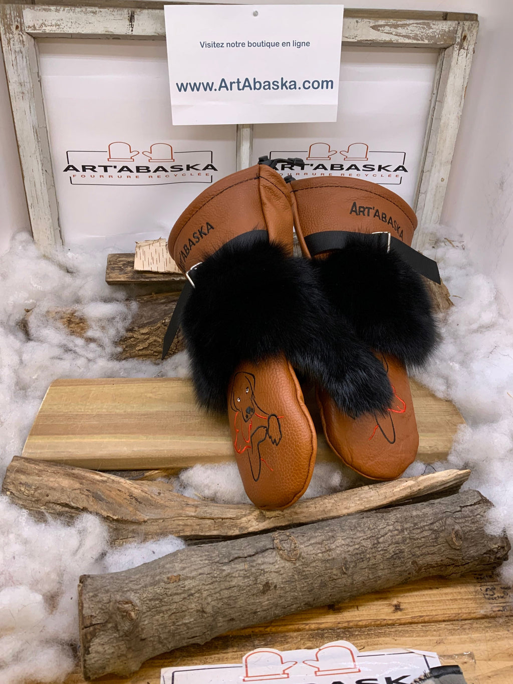 Mitaines Aline Large renard noir patchwork vison noir cuir orange brulé édition amour de chiens ArtAbaska fait main Québec