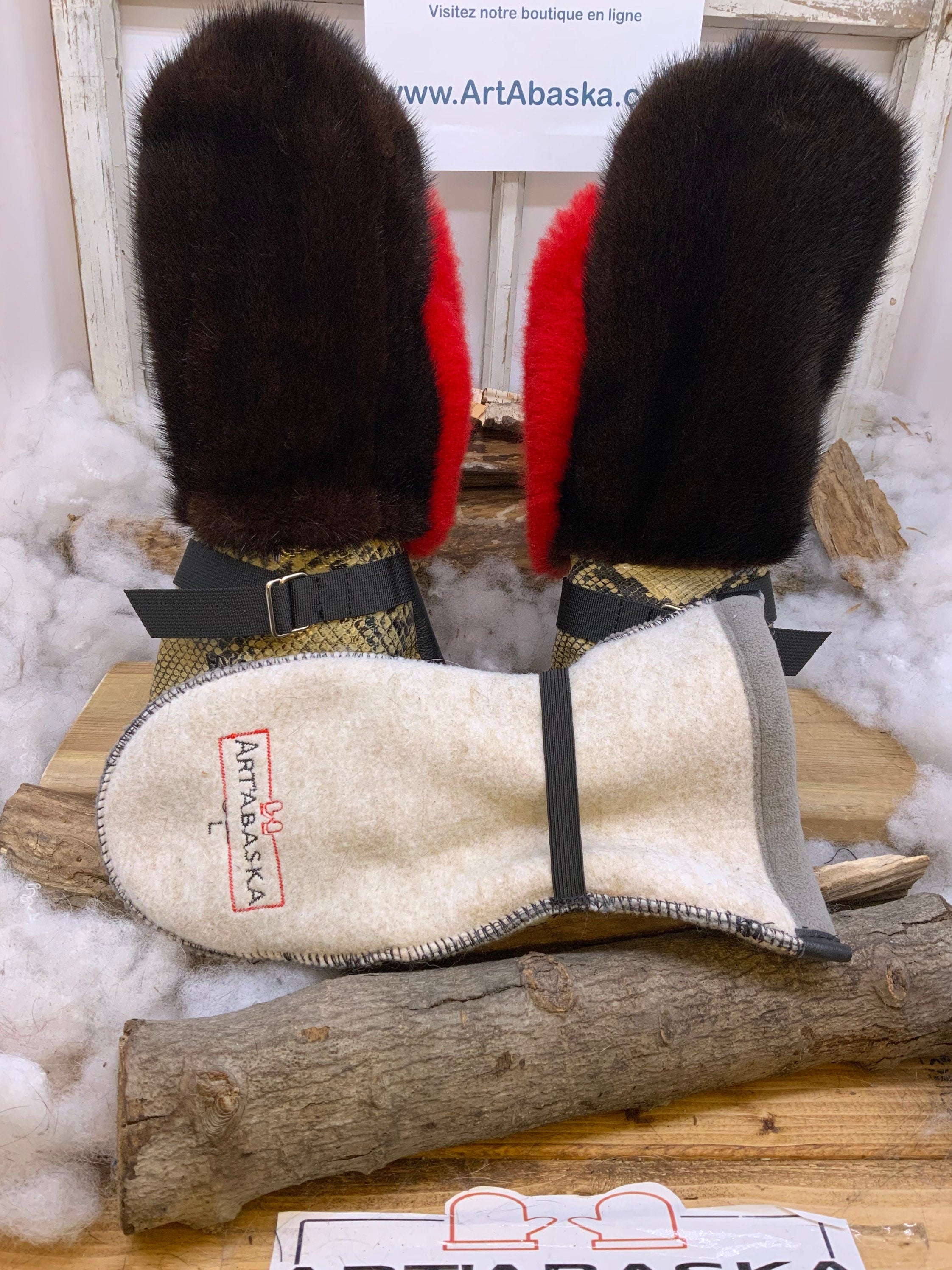 Mitaines Marie-Louise vison brun et mouton rouge recyclés cuir imprimé lézard fait à la main Large 9h55 Québec artisanal unique