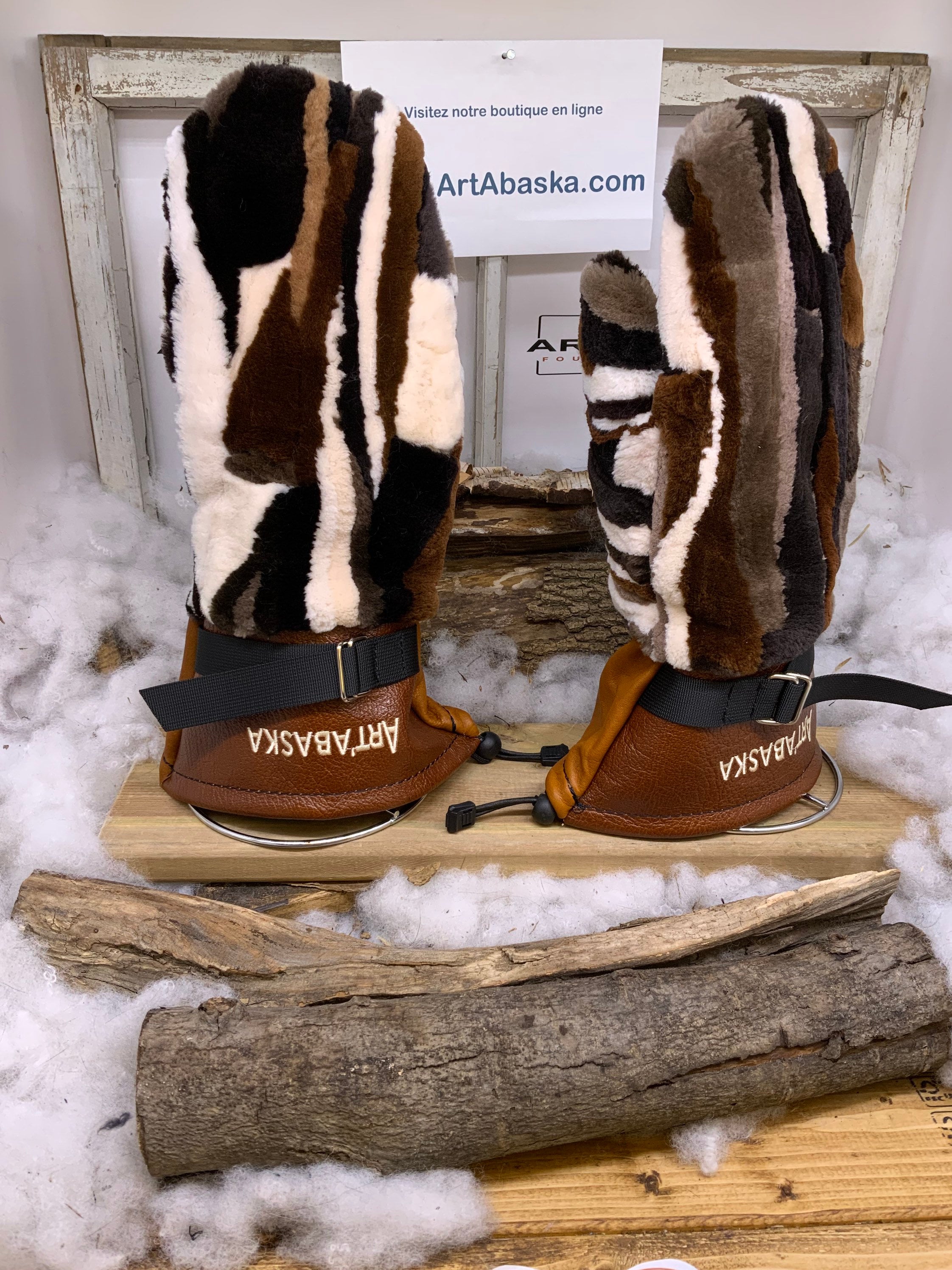 Mitaines Denise XL – Fourrure recyclée patchwork renard & cuir brun, fait à la main, pièce unique Québec