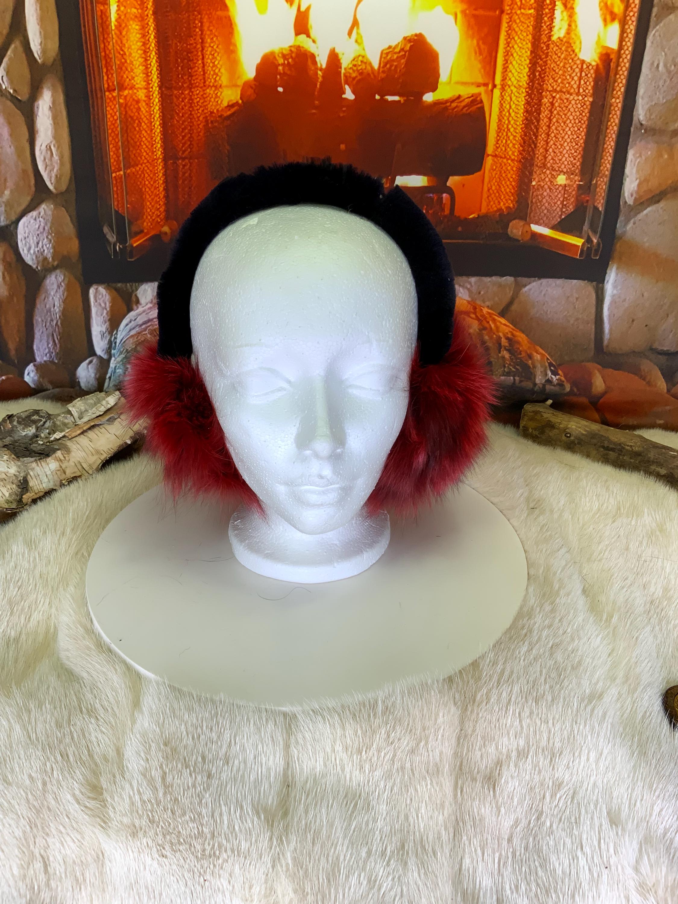 Cache-Oreilles tout en fourrure recyclée édition Renard teint rouge recyclé et cousu en morceaux Les Nicole