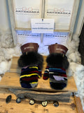 Mitaines Les Roseline – Large, patchwork renard rasé multicolore et cuir bourgogne, bande de renard recyclé, fait à la main au Québec