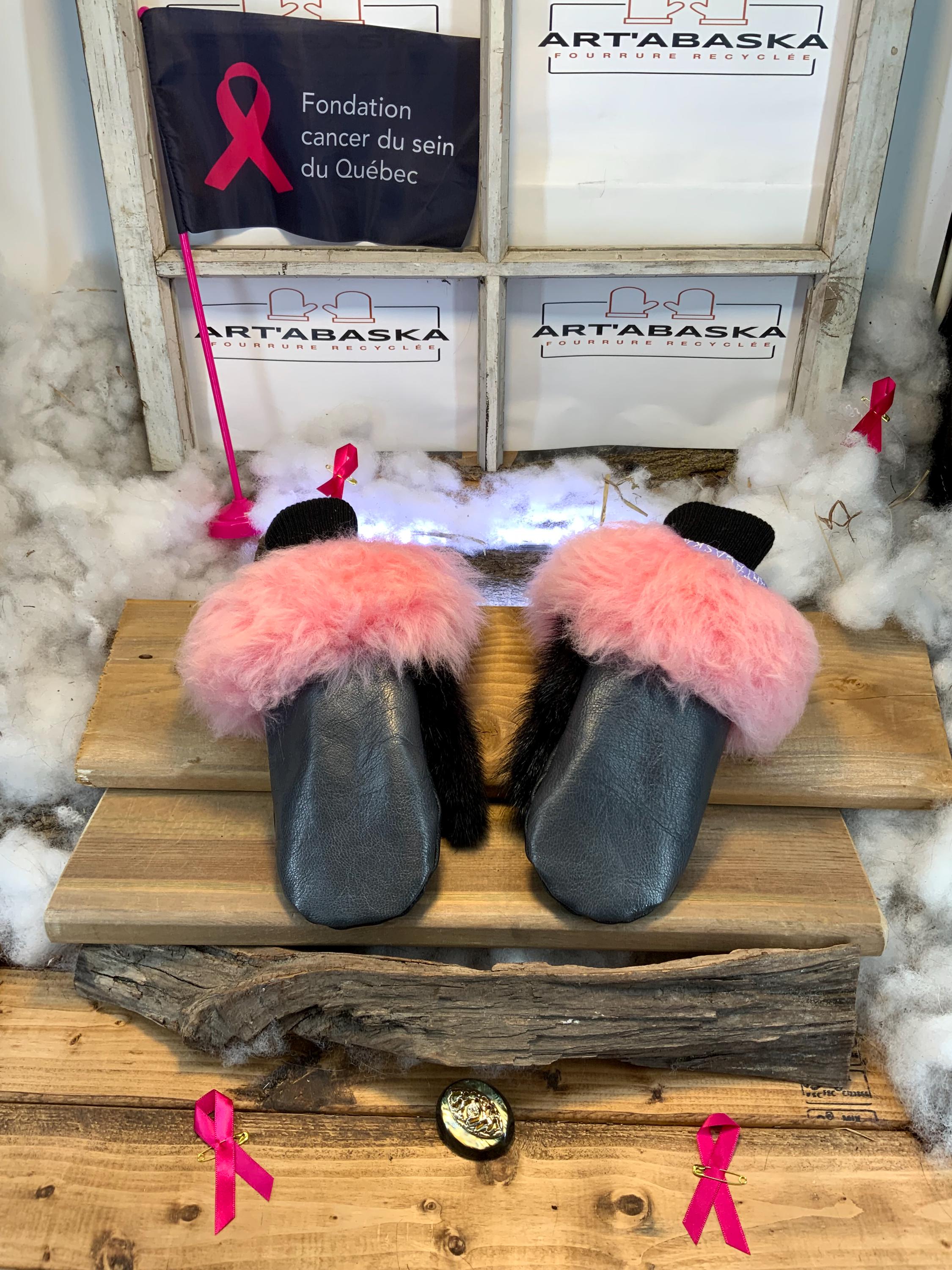 Mitaines de ville Viviane, Medium en cuir italien recyclé et fourrure recyclée rose, vison cousu en stris, pièce unique faite main au Québec