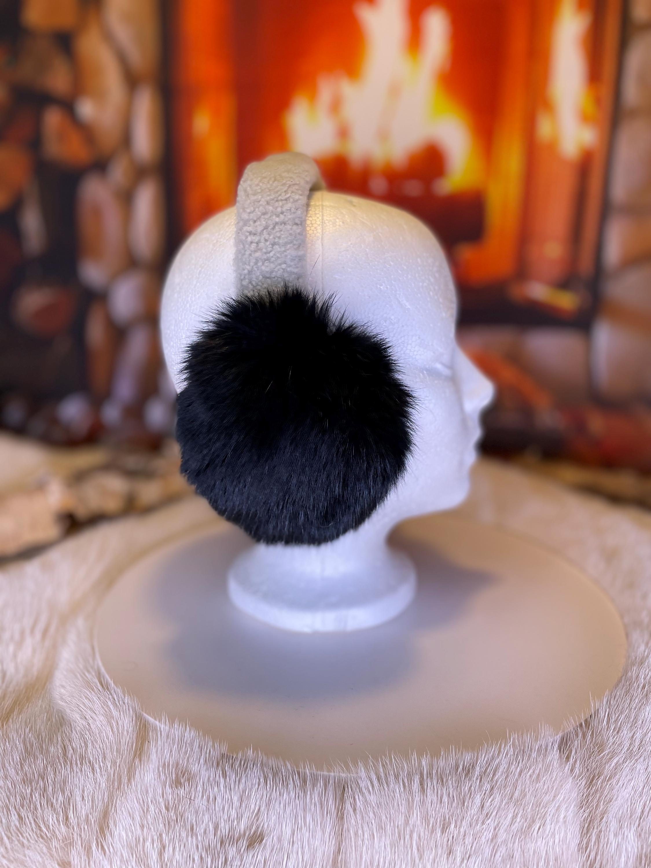 Cache-Oreilles tout en fourrure recyclée édition Lapin noir naturel recyclé et mouton rasé dessus la tête Les Lynda