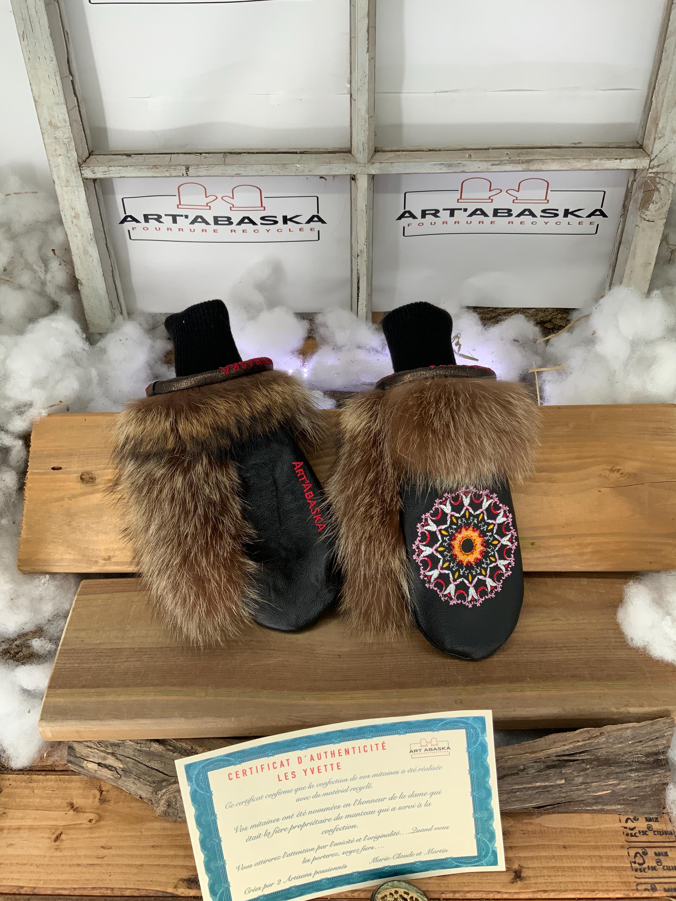 Mitaines de Ville en fourrure et cuir recyclés, Les Yvette Grandeur médium Edition Broderie.