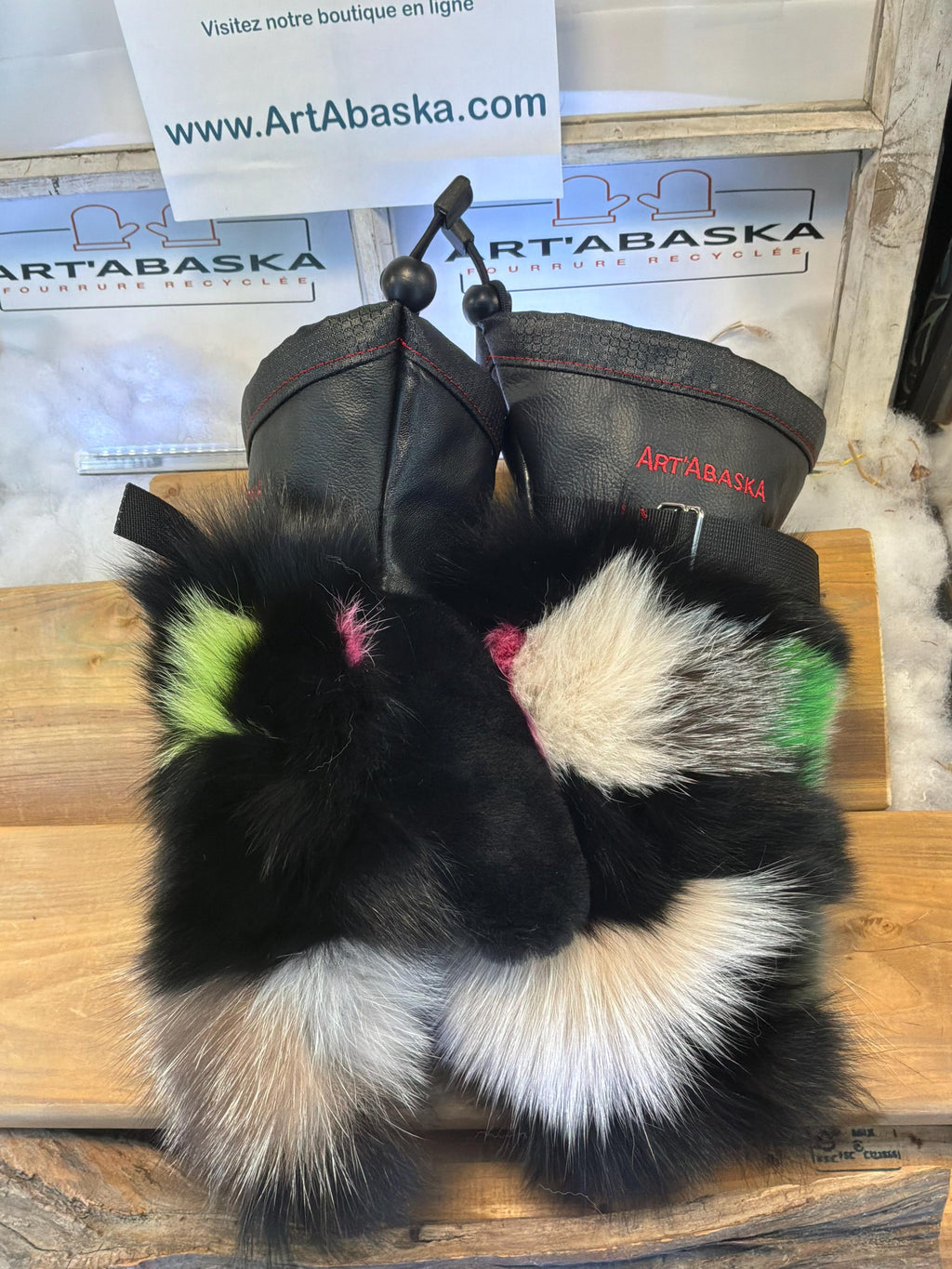 Mitaines Edith small patchwork fourrure recyclée cuir italien faites à la main Québec pièce unique