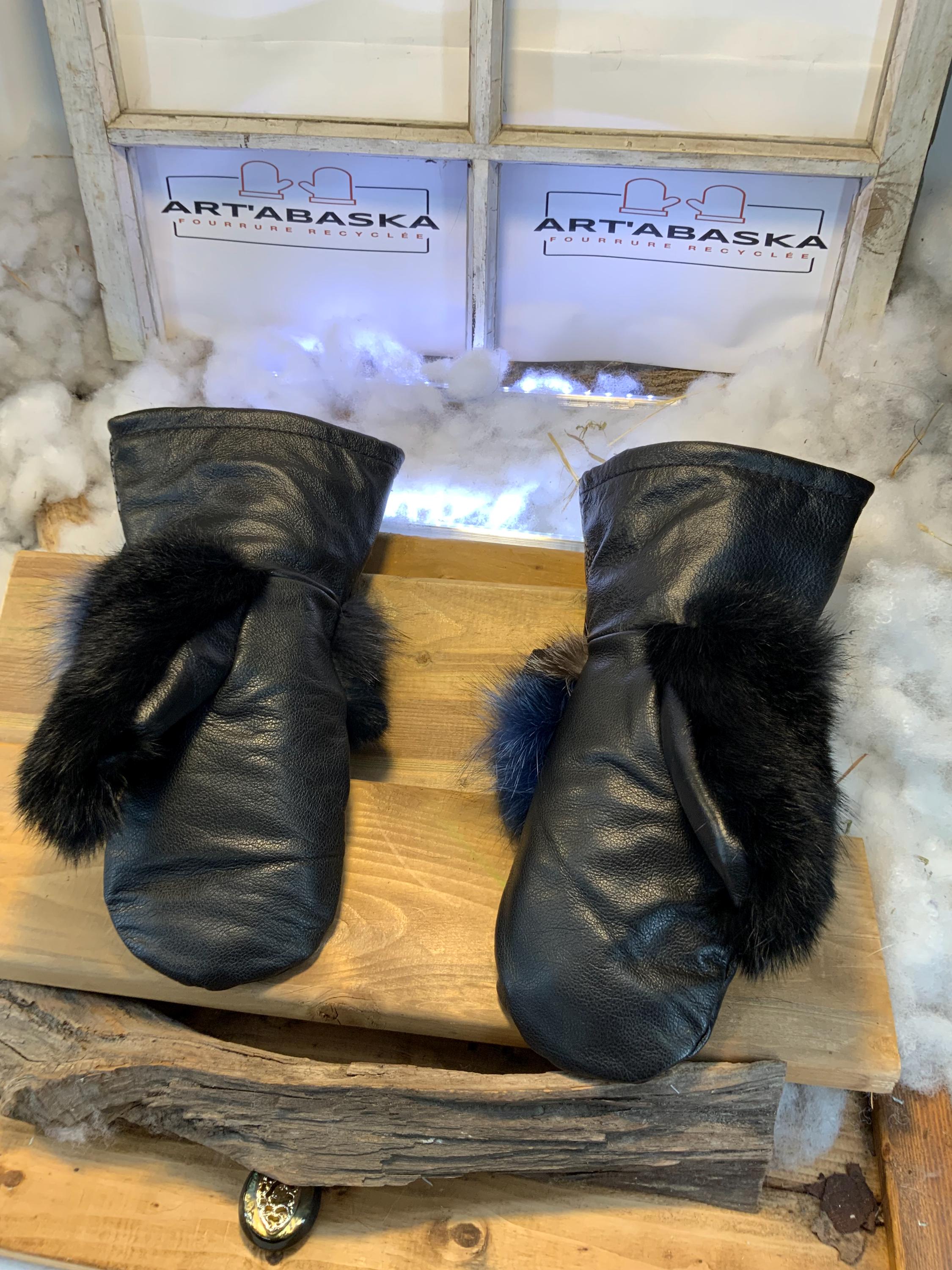 Mitaines Les Fernandes – Large, cuir italien noir, patchwork de fourrure recyclée, lapin et serpent gris, fait à la main au Québec