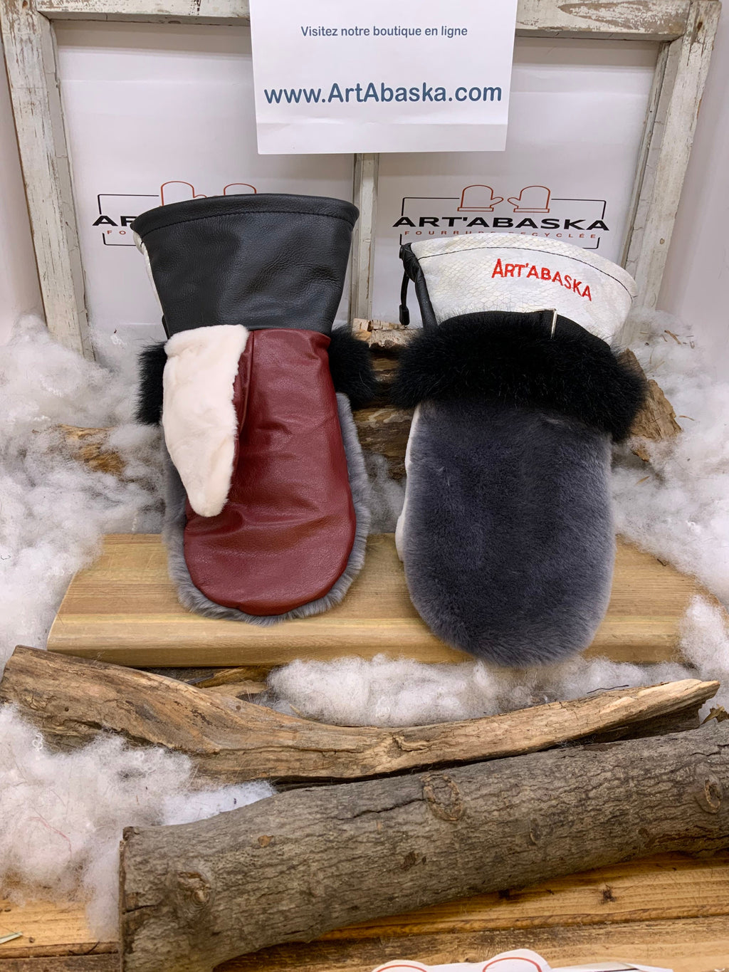Mitaines Éliane Large mouton rasé gris bleu vison blanc opossum noir cuir embossé crème bourgogne recyclé fait main Québec