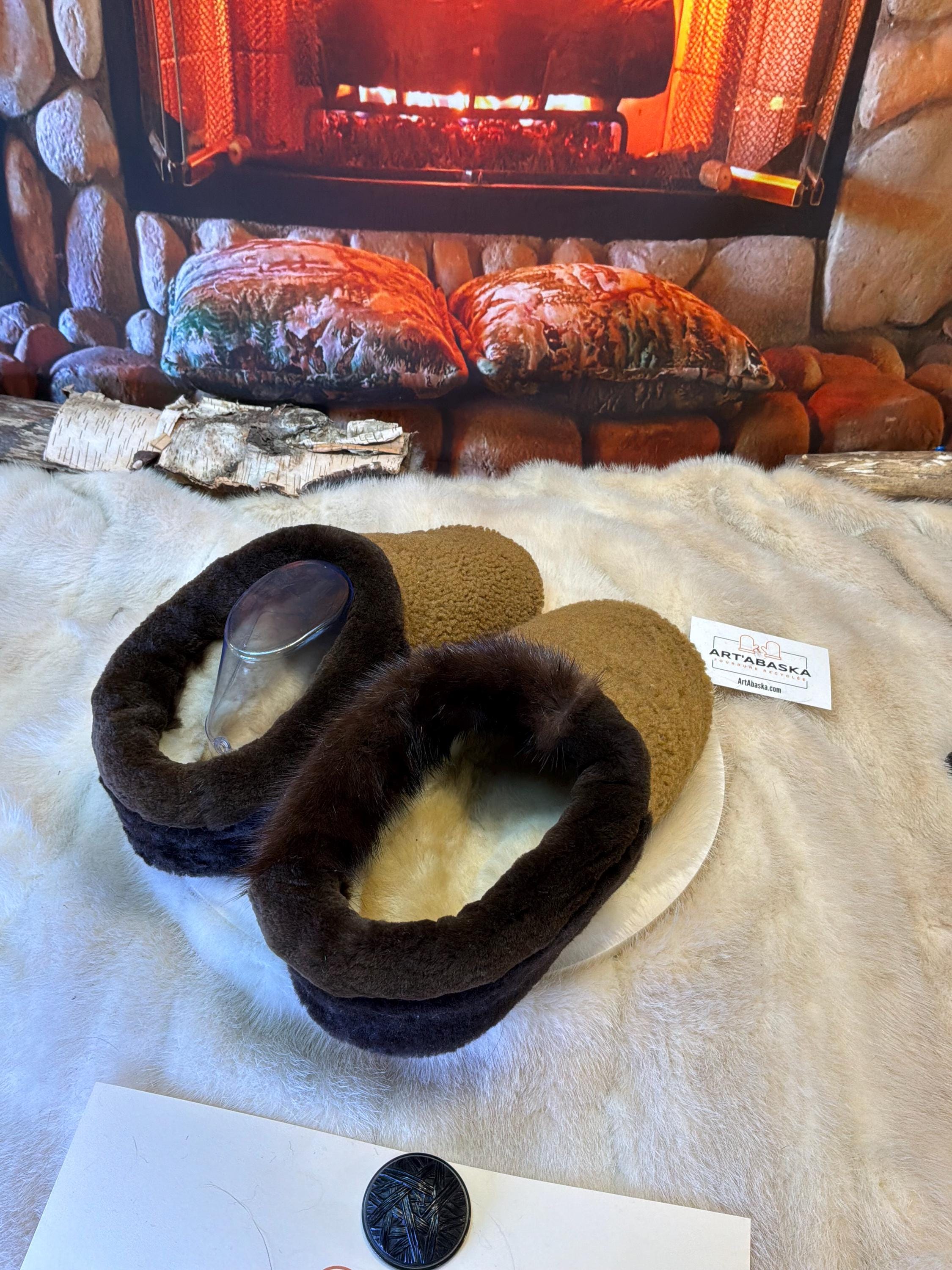 Slipper Gaétane pointure 10 femme – Sherling italien & cuir recyclé, pièce unique faite à la main au Québec