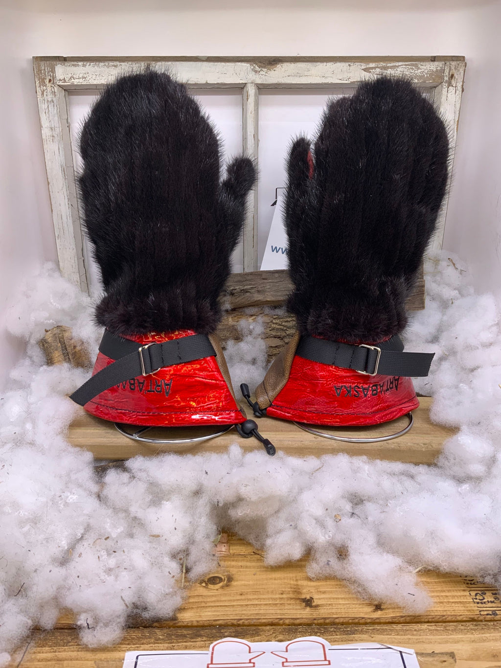 Mitaines XL Mauricette – Vison brun & cuir recyclé rouge antique, intérieur amovible feutre polar, fait à la main, Québec