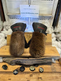 Mitaines Gilberte Small castor recyclé rare manteau vintage pouce mouton brun chocolat cuir italien brun chocolat couture rouge Québec