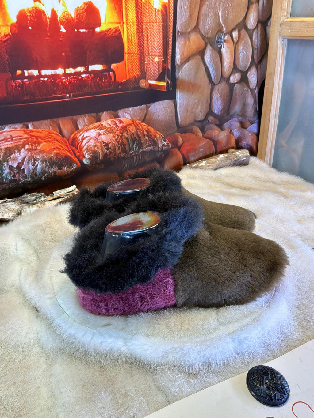 Slipper Berthe pointure 7 femme – Sherling italien & cuir recyclé, pièce unique faite à la main au Québec