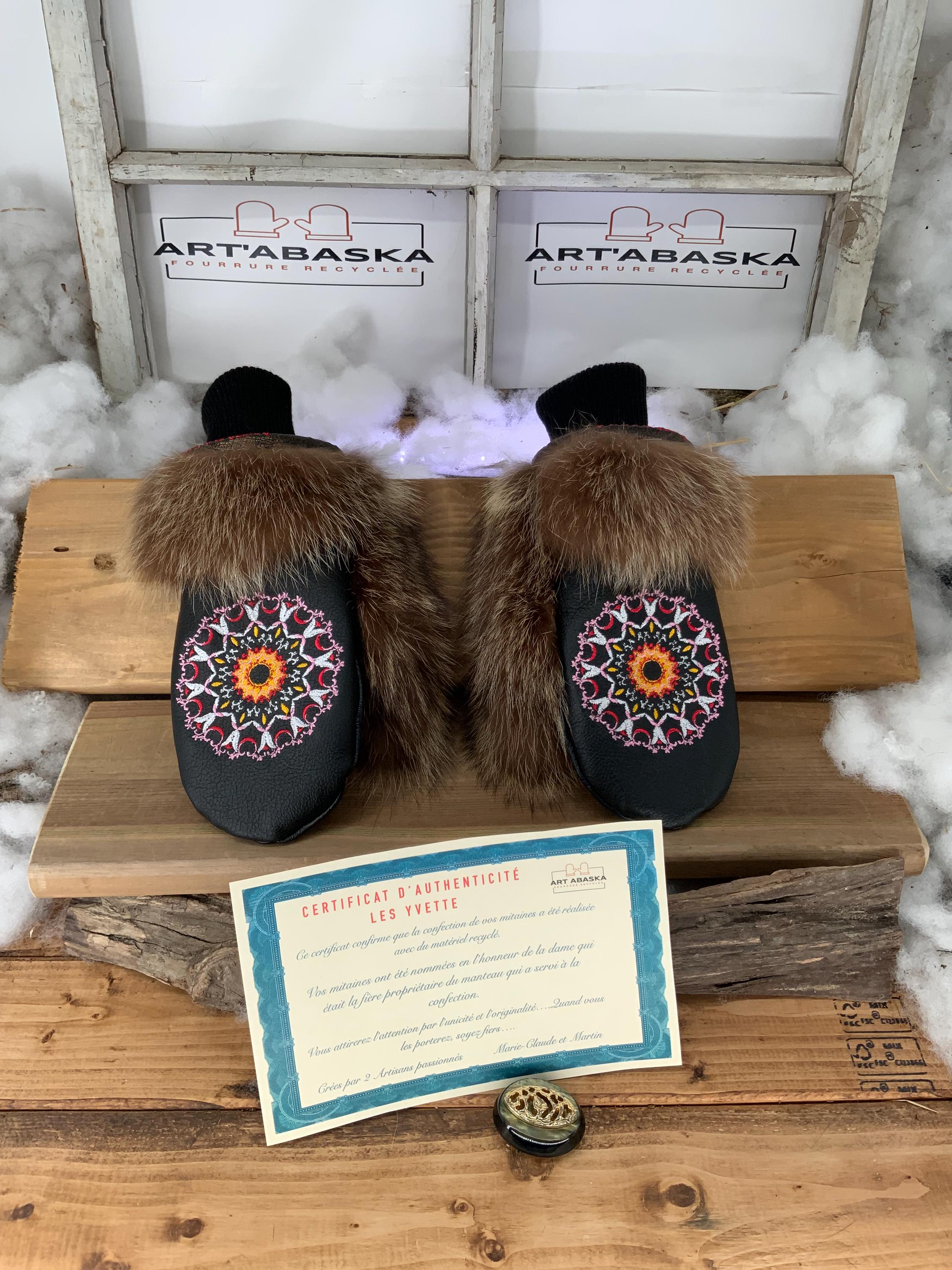 Mitaines de Ville en fourrure et cuir recyclés, Les Yvette Grandeur médium Edition Broderie.