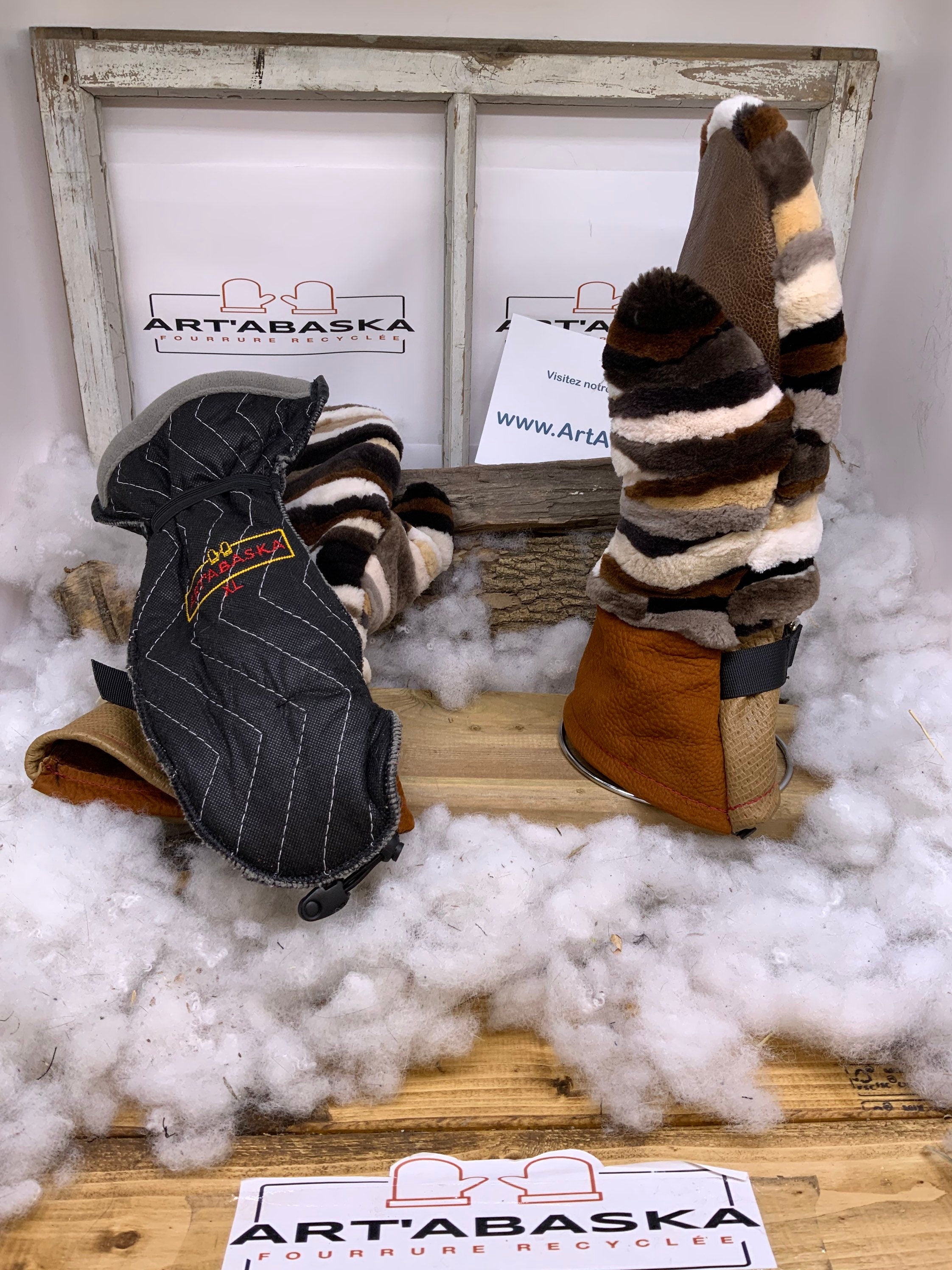 Mitaines Les Liliane – Édition Spéciale Patchwork – fourrure recyclée luxueuse & cuir fait à la main – taille XL Québec