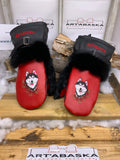 Mitaines Liliane cuir rouge noir brodé tête de chien fourrure renard lapin recyclé fait à la main Large ULTRA-CHAUDE Québec unique