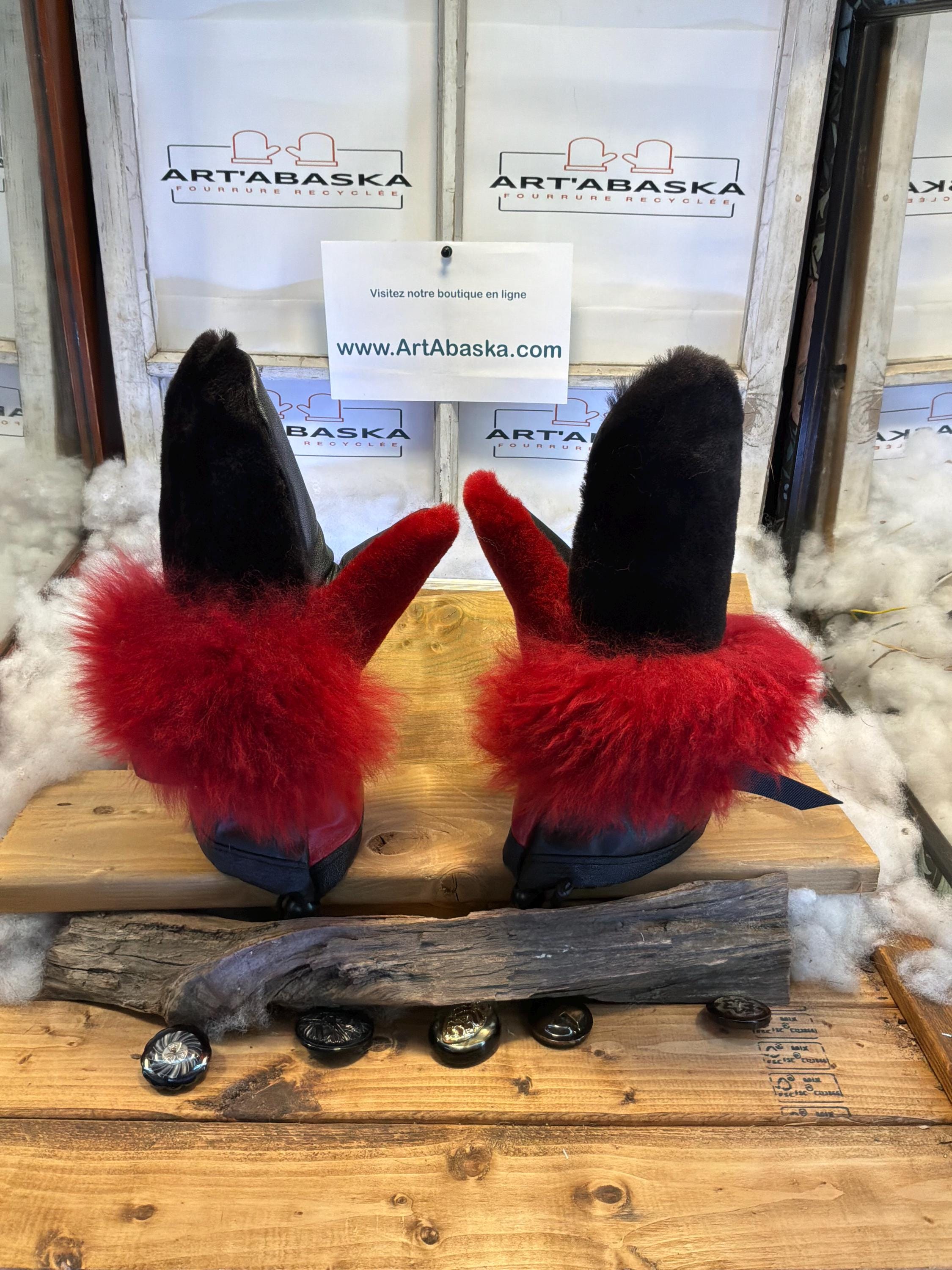 Mitaines Jacqueline Medium mouton rasé noir - rouge vif recyclé, cuir italien noir & rouge pompier, pièce unique faite à la main Québec