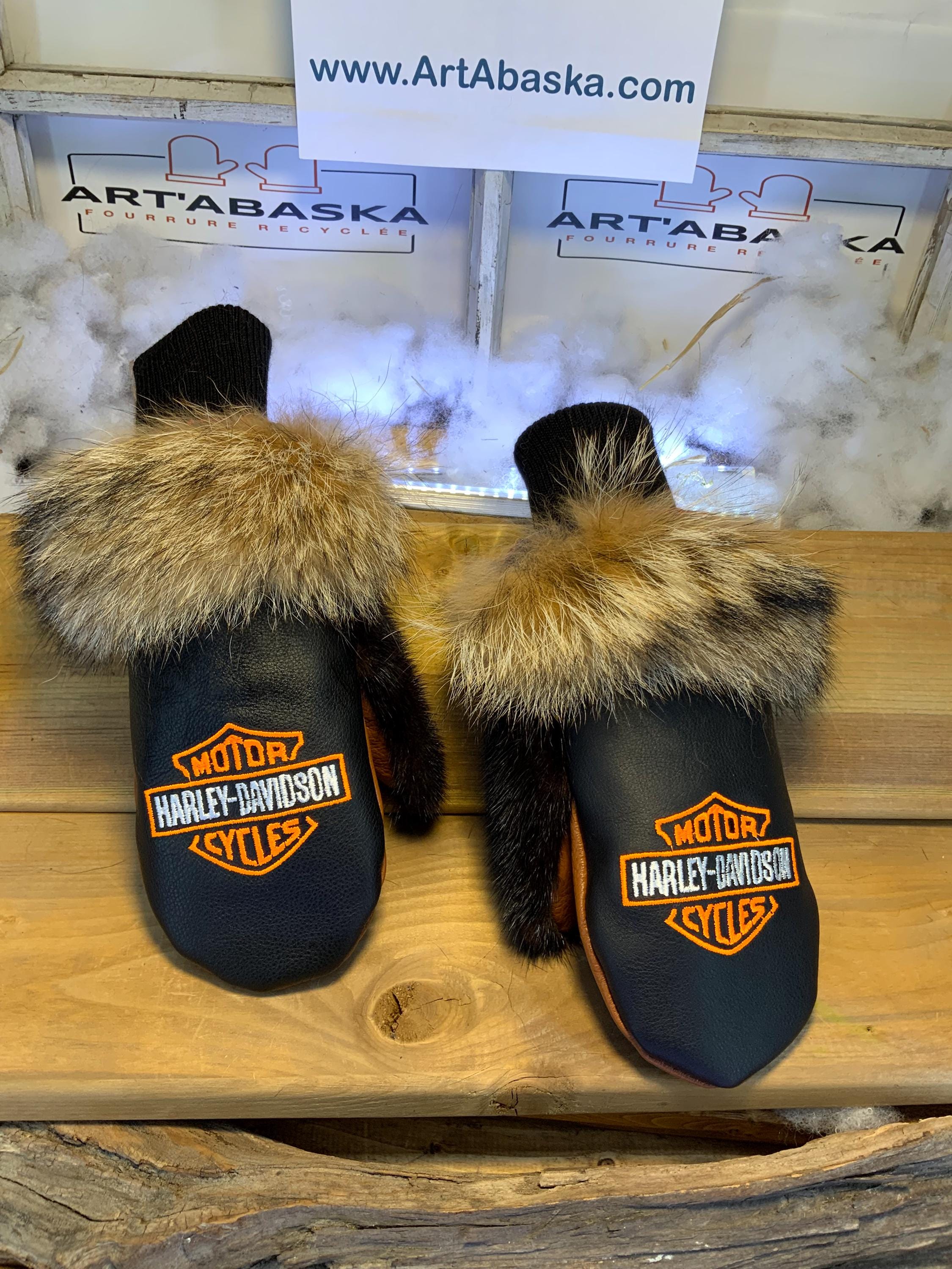 Mitaines Danielle Harley Davidson femme Medium | Cuir noir brodé orange-blanc & coyote | Mitaines hiver uniques fait à la main Québec
